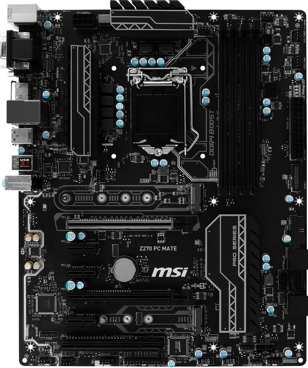 MSI Z270 PC Mate материнская платаZ270 PC MATE MSI Z270 PC Mate материнская платаZ270 PC MATEМатеринская плата MSI Z270 PC Mate подойдет для любого ПК. Качество, достойное доверия, высокая производительность и интеллектуальные решения для бизнеса - это ключевые черты данной материнской платы. Сделайте свою жизнь проще и окажите своему бизнесу поддержку с супер-стабильной, надежной и долговечной платой MSI Z270 PC Mate.Охлаждение компьютера является существенно важным, когда речь идет о стабильности и высокой производительности. Для этого MSI установили на плате достаточное количество разъемов для подключения управляемых вентиляторов. Теперь вы можете полностью контролировать охлаждение вашей системы.Почувствуйте по-настоящему потрясающий звук. Благодаря технологии Audio Boost и высококачественным компонентам MSI гарантируют высочайшее качества звука. Наслаждайтесь захватывающим звуком в играх.Материнская плата MSI Z270 PC Mate поддерживает все самые последние стандарты для дисковых накопителей. Это позволяет подключать любые высокоскоростные устройства хранения данных, добавляя преимуществ в работе. Быстрее запускайте программы, загружайте данные и повышайте продуктивность.Сетевой контроллер оптимизирован для профессионального использования, в том числе для работы с мультимедиа. Высококачественное сетевое решение демонстрирует высокую стабильность при использовании в режиме 24/7.Материнские платы MSI имеют специальный функционал, позволяющий добавить вашей оперативной памяти еще больше скорости и стабильности.Копирование ваших любимых игр и фильмов через USB быстро как никогда. MSI предлагает большое количество опций для подключения и ускорения ваших USB 3.1 устройств, обеспечивая молниеносные скорости передачи данных!Использование только высококачественных компонентов наряду с самыми последними технологиями гарантирует лучший игровой и профессиональный опыт. Строгий контроль качества и тестирование в самых экстремальных условиях обеспечивает высокую надежность и производительность.Будьте уверены, BIOS от MSI имеет самые последние опции для настроек, а также простой интерфейс управления. Широкие возможности CLICK BIOS 5 позволят вам настроить систему на максимальную производительность и стабильность.