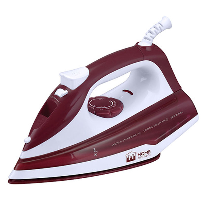 Home Element HE-IR215, Red утюгHE-IR215 Home Element HE-IR215, Red утюгHE-IR215Утюг Home Element HE-IR215 оснащен мощностью 2200 Вт, керамической рабочей поверхностью, удобными большими клавишами на ручке для отпаривания и разбрызгивания воды. Прибор обладает всеми необходимыми характеристиками для отличного результата: сухое глажение, отпаривание с регулировкой, функция разбрызгивания. Рабочая поверхность из керамики обеспечивает высокое качество разглаживания, легкость скольжения и абсолютную экологичность при интенсивном нагреве. Для наилучшего отпаривания и эффективного разглаживания в том числе плотных тканей в утюге применена специальная технология вертикального парового удара до 60 г/мин, позволяющая справляться со складками на весу. Утюг Home Element HE-IR215 всегда сохраняет рабочие качества благодаря функции самоочистки, позволяющей очищать паровую камеру от примесей.Температурные режимы: нейлон, шелк, шерсть, хлопок, лен