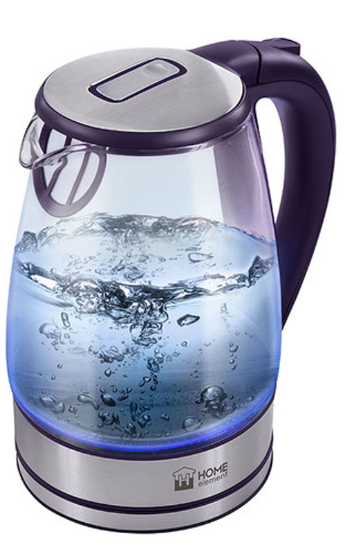 Home Element HE-KT150, Indigo электрический чайникHE-KT150 Home Element HE-KT150, Indigo электрический чайникHE-KT150Легкий и прочный стеклянный чайник Home Element HE-KT150 с голубой внутренней подсветкой в стильном прозрачном корпусе из закаленного стекла. Качественное стекло сохраняет природный вкус и все натуральные свойства воды, не выделяя примесей.Двухлитровый чайник имеет повышенную мощность 2200 Вт для самого быстрого закипания воды и закрытый нагревательный элемент для противостояния накипи и легкости ухода.Вращение чайника на базе обеспечивает простой доступ к его ручке с любой стороны без опасности обжечься, а многоуровневая система защиты автоматически отключит чайник при готовности кипятка или при недостаточном количестве воды. Светодиодная подсветка дарит прекрасное настроение игрой света в пузырьках закипающей воды.