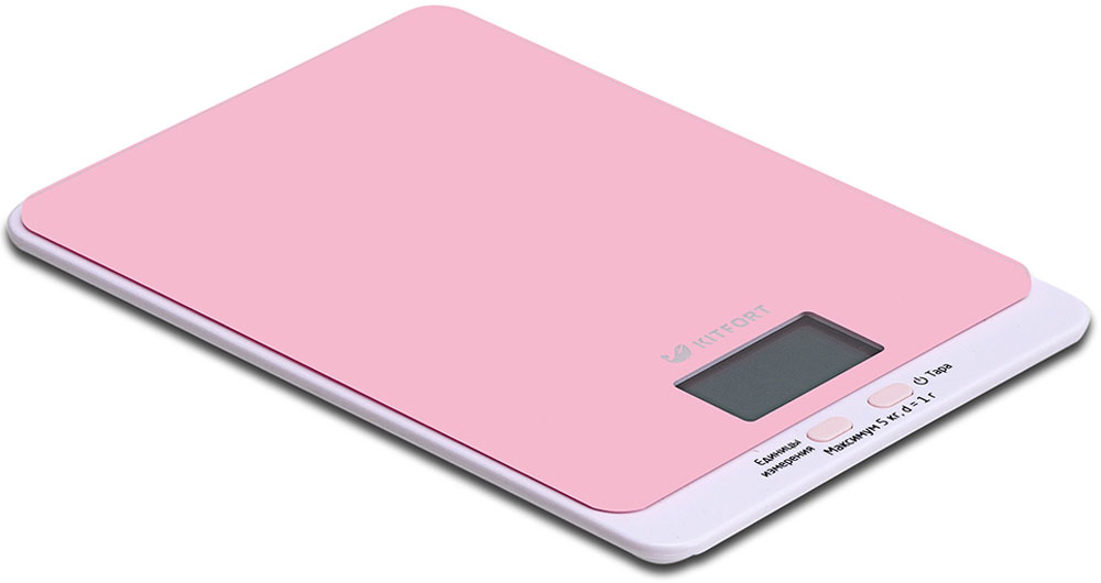 Kitfort КТ-803-2, Pink весы кухонныеКТ-803-2 Kitfort КТ-803-2, Pink весы кухонныеКТ-803-2Электронные кухонные весы Kitfort КТ-803 позволяют определять вес до 5 кг с точностью до 1 грамма. Они оснащены жидкокристаллическим дисплеем с крупными цифрами, функциями автокалибровки, тарировки и выбора единиц измерения. Платформа выполнена из высокопрочного полированного стекла, а прорезиненные ножки обеспечивают весам дополнительную устойчивость и предотвращают их скольжение по поверхности. Для получения максимально точного результата устанавливайте весы на ровную горизонтальную поверхность. Датчики веса находятся в ножках весов, поэтому если они стоят на неровной или мягкой поверхности, то вес будет измеряться неправильно. Функция тарировки работает только при включенных весах.Левая кнопка используется для переключения единиц измерений. Включите весы, дождитесь окончания калибровки, затем последовательными нажатиями на кнопку выберите требуемые единицы измерения: g (граммы), oz (унции), lb: oz (фунты: унции), ml (миллилитры), fl.oz (жидкие унции). Выбранные в данный момент единицы измерения отображаются в правой части дисплея.