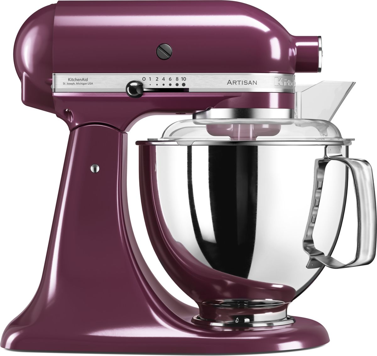 KitchenAid Artisan, Purple миксер планетарный (5KSM175PSEBY)5KSM175PSEBY KitchenAid Artisan, Purple миксер планетарный (5KSM175PSEBY)5KSM175PSEBYМиксер KitchenAid Artisan - это уникальное многофункциональное устройство, практически не имеющее аналогов на рынке техники для дома и кухни. Сочетание классического элегантного дизайна и высокой мощности, соответствующей стандартам профессионального оборудования, делает этот миксер фаворитом не только на домашней кухне, но и на рабочем столе мастеров поварского искусства.Откидывающаяся головка миксера KitchenAid Artisan позволяет легко менять насадки и устанавливать чашу. Миксер имеет 10 скоростных режимов, от медленного смешивания до высокоскоростного взбивания. Базовая комплектация миксера включает: чашу объемом 4,83 литра, крюк для теста, венчик для взбивания, насадку-лопатку для перемешивания, крышку для чаши и защитный обод с воронкой для засыпания продуктов. Этого набора достаточно, чтобы миксер успешно выполнял базовые функции.В передней части привода миксера KitchenAid имеется еще одно гнездо для подсоединения дополнительных насадок. Они позволяют значительно расширить функции миксера, превращая его в настоящий кухонный комбайн. Планетарный миксер KitchenAid Artisan избавит вас от необходимости покупать несколько разных бытовых приборов для кухни. Его высокая мощность и уникальная конструкция позволяют готовить даже сложные блюда на высоком профессиональном уровне.Процесс производства миксеров KitchenAid не оставляет сомнений в долговечности этого прибора. Литые детали механизма изготовлены из высококачественной стали. Ручная сборка и тщательная подгонка частей привода обеспечивают низкий уровень шума и вибрации, являются гарантией безупречной работы прибора. Цельнометаллический корпус покрывается прочной цветной эмалью, устойчивой к механическим повреждениям, которая сохраняет привлекательный внешний десятилетиями. Классический дизайн миксеров KitchenAid Artisan станет украшением интерьера любой кухни. Одна из отличительных особенностей этой серии - богатая цветовая гамма.
