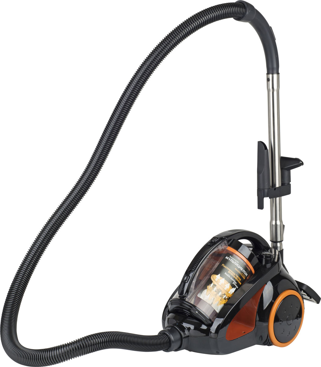 Scarlett IS-580, Black Orange пылесосIS-580 Scarlett IS-580, Black Orange пылесосIS-580Пылесос Scarlett IS-580 отличается элегантным и функциональным дизайном — благодаря оригинальной компоновке его удобно перемещать путем натяжения шланга и переноски в руках, а также хранить в вертикальном положении.Модель оборудована пластиковой емкостью для отходов с циклонным фильтром, которая задерживает все твердые частицы и легко очищается при необходимости, что позволяет обходиться без покупки мешков и прочих расходных материалов.Высокая мощность пылесоса дает возможность справляться с наиболее сильными загрязнениями. При необходимости ограничения силы втягивания можно воспользоваться регулятором, расположенным на рукоятке, а полное отключение и повторное включение может производиться ногой без наклона тела.