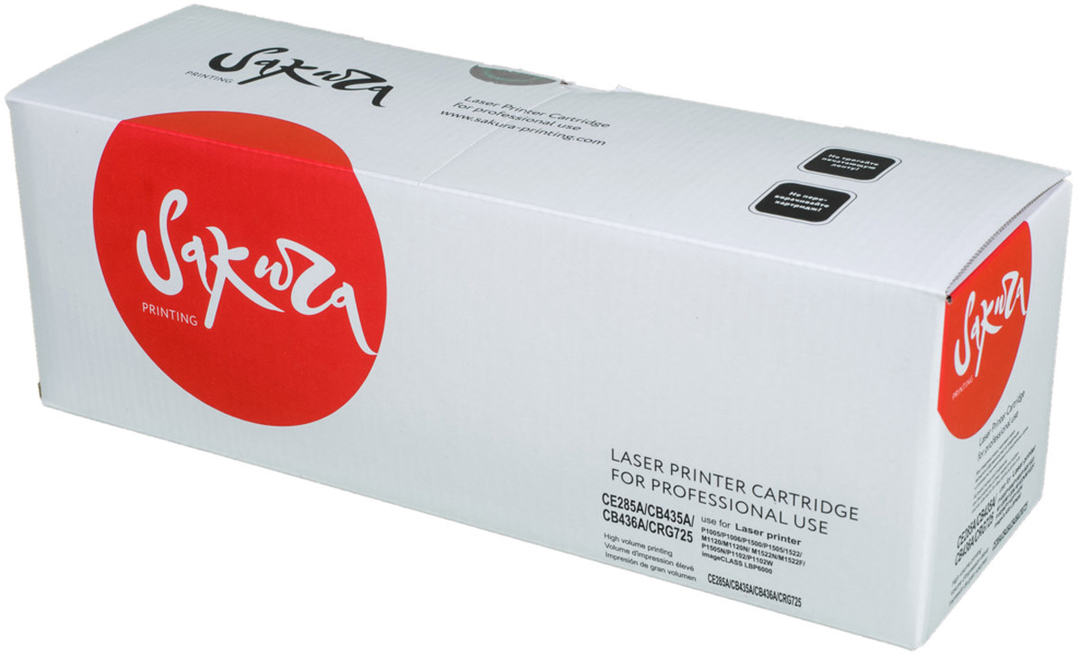 Sakura CE285A/CB435A тонер-картридж для HP LaserJet P1005/P1006/M1120/Canon LBP6000SACE285A/CB435A/436A/725 Sakura CE285A/CB435A тонер-картридж для HP LaserJet P1005/P1006/M1120/Canon LBP6000SACE285A/CB435A/436A/725Тонер-картридж Sakura CE285A/CB435A для лазерных принтеров HP LaserJet является альтернативным решением для замены оригинальных картриджей. Он печатает с тем же качеством и имеет тот же ресурс, что и оригинальный картридж. В картриджах компании Sakura используется химический синтезированный тонер, который в отличие от дешевого тонера из перемолотого полимера, не царапает, а смазывает печатающий вал, что приводит к возможности многократных перезаправок картриджей. Такой подход гарантирует долгий срок службы принтера, превосходное качество и стабильность печати.Тонер-картриджи Sakura производятся при строгом соответствии стандартам ISO 9001 и ISO 14001, что подтверждено международными сертификатами.