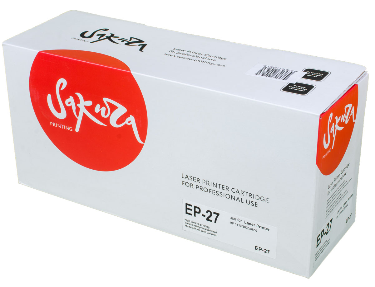 Sakura EP27, Black тонер-картридж для Canon LaserBase MF3110/MF5630/MF0SAEP27 Sakura EP27, Black тонер-картридж для Canon LaserBase MF3110/MF5630/MF0SAEP27Тонер-картридж Sakura EP27 для лазерных принтеров Canon LaserBase MF3110/MF5630/MF0 является альтернативным решением для замены оригинальных картриджей. Он печатает с тем же качеством и имеет тот же ресурс, что и оригинальный картридж. В картриджах компании Sakura используется химический синтезированный тонер, который в отличие от дешевого тонера из перемолотого полимера, не царапает, а смазывает печатающий вал, что приводит к возможности многократных перезаправок картриджей. Такой подход гарантирует долгий срок службы принтера, превосходное качество и стабильность печати.Тонер-картриджи Sakura производятся при строгом соответствии стандартам ISO 9001 и ISO 14001, что подтверждено международными сертификатами.