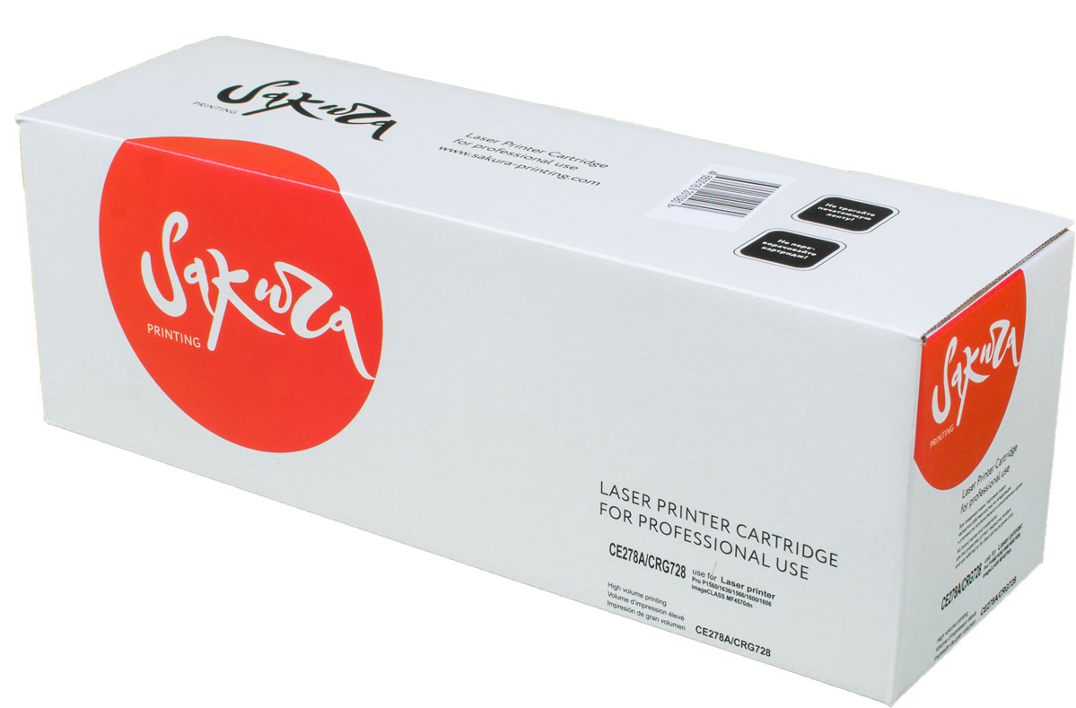 Sakura CE278A/CRG728, Black тонер-картридж для HP LaserJet Pro P1560/1636/1566/1600/1606/Canon imageCLASS MF4570dnSACE278A/CRG728 Sakura CE278A/CRG728, Black тонер-картридж для HP LaserJet Pro P1560/1636/1566/1600/1606/Canon imageCLASS MF4570dnSACE278A/CRG728Тонер-картридж Sakura CE278A/CRG728 для лазерных принтеров HP LaserJet Pro P1560/1636/1566/1600/1606/ и Canon imageCLASS MF4570dn является альтернативным решением для замены оригинальных картриджей. Он печатает с тем же качеством и имеет тот же ресурс, что и оригинальный картридж. В картриджах компании Sakura используется химический синтезированный тонер, который в отличие от дешевого тонера из перемолотого полимера, не царапает, а смазывает печатающий вал, что приводит к возможности многократных перезаправок картриджей. Такой подход гарантирует долгий срок службы принтера, превосходное качество и стабильность печати.Тонер-картриджи Sakura производятся при строгом соответствии стандартам ISO 9001 и ISO 14001, что подтверждено международными сертификатами.