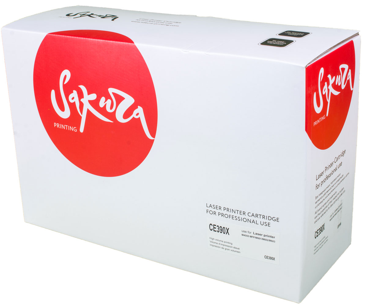 Sakura CE390X, Black тонер-картридж для HP LaserJet Enterprise M4555/M601/M602/M603SACE390X Sakura CE390X, Black тонер-картридж для HP LaserJet Enterprise M4555/M601/M602/M603SACE390XТонер-картридж Sakura CE390X для лазерных принтеров HP LaserJet Enterprise M4555/M601/M602/M603 является альтернативным решением для замены оригинальных картриджей. Он печатает с тем же качеством и имеет тот же ресурс, что и оригинальный картридж. В картриджах компании Sakura используется химический синтезированный тонер, который в отличие от дешевого тонера из перемолотого полимера, не царапает, а смазывает печатающий вал, что приводит к возможности многократных перезаправок картриджей. Такой подход гарантирует долгий срок службы принтера, превосходное качество и стабильность печати.Тонер-картриджи Sakura производятся при строгом соответствии стандартам ISO 9001 и ISO 14001, что подтверждено международными сертификатами.