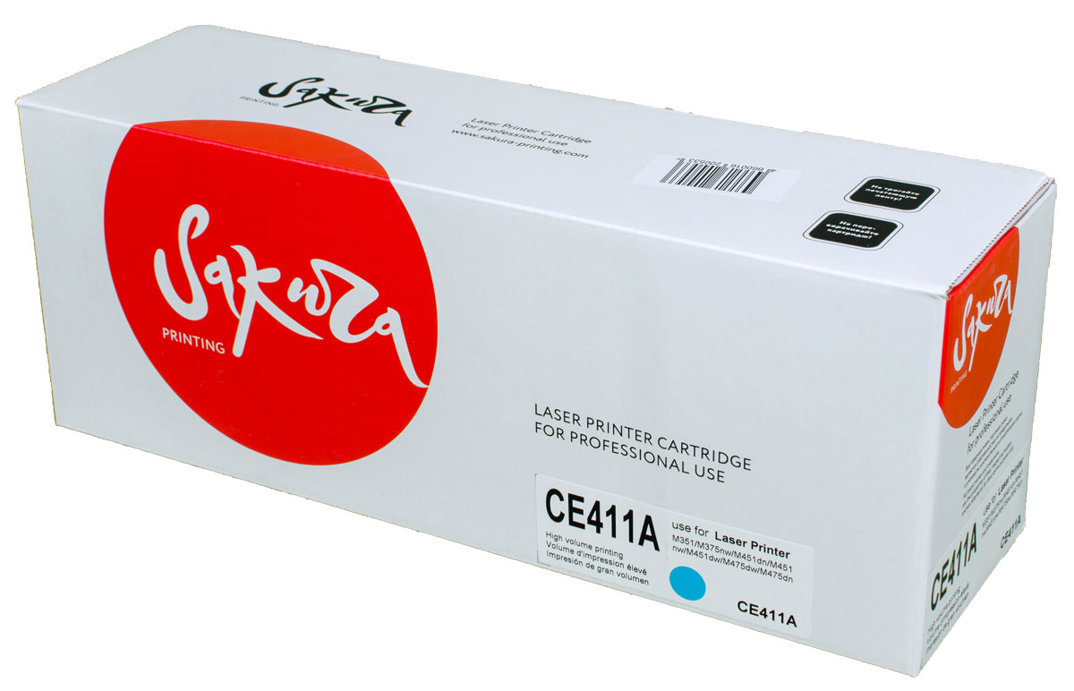 Sakura CE411A, Cyan тонер-картридж для HP LaserJet Pro Color M351/M375nw/M451dn/M451nw/M451dw/M475dw/M475dnSACE411A Sakura CE411A, Cyan тонер-картридж для HP LaserJet Pro Color M351/M375nw/M451dn/M451nw/M451dw/M475dw/M475dnSACE411AТонер-картридж Sakura CE411A для лазерных принтеров HP LaserJet Pro Color M351/M375nw/M451dn/M451nw/M451dw/M475dw/M475dn является альтернативным решением для замены оригинальных картриджей. Он печатает с тем же качеством и имеет тот же ресурс, что и оригинальный картридж. В картриджах компании Sakura используется химический синтезированный тонер, который в отличие от дешевого тонера из перемолотого полимера, не царапает, а смазывает печатающий вал, что приводит к возможности многократных перезаправок картриджей. Такой подход гарантирует долгий срок службы принтера, превосходное качество и стабильность печати.Тонер-картриджи Sakura производятся при строгом соответствии стандартам ISO 9001 и ISO 14001, что подтверждено международными сертификатами.