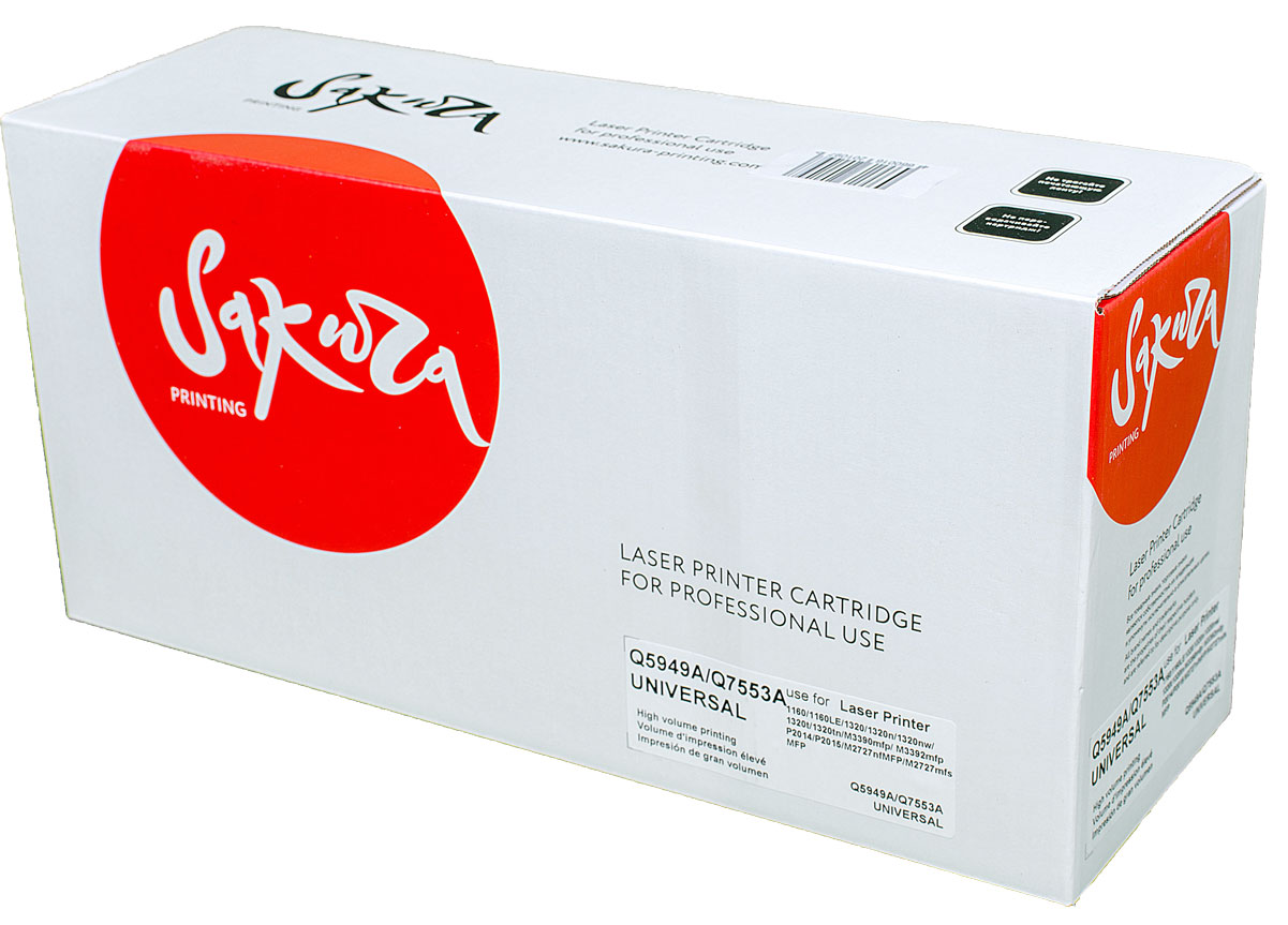 Sakura Q5949A/Q7553A, Black тонер-картридж для HP LaserJet 1160/1320/M3380/M3392/P2014/P2015/M2727SAQ5949A/Q7553A Sakura Q5949A/Q7553A, Black тонер-картридж для HP LaserJet 1160/1320/M3380/M3392/P2014/P2015/M2727SAQ5949A/Q7553AТонер-картридж Sakura Q5949A/Q7553A для лазерных принтеровHP LaserJet 1160/1320/M3380/M3392/P2014/P2015/M2727 является альтернативным решением для замены оригинальных картриджей. Он печатает с тем же качеством и имеет тот же ресурс, что и оригинальный картридж. В картриджах компании Sakura используется химический синтезированный тонер, который в отличие от дешевого тонера из перемолотого полимера, не царапает, а смазывает печатающий вал, что приводит к возможности многократных перезаправок картриджей. Такой подход гарантирует долгий срок службы принтера, превосходное качество и стабильность печати.Тонер-картриджи Sakura производятся при строгом соответствии стандартам ISO 9001 и ISO 14001, что подтверждено международными сертификатами.