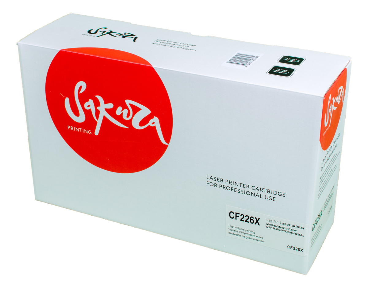 Sakura CF226X, Black тонер-картридж для HP LaserJet Pro M402n/M402dn/M402dw/M426dw/M426fdn/M426fdwSACF226X Sakura CF226X, Black тонер-картридж для HP LaserJet Pro M402n/M402dn/M402dw/M426dw/M426fdn/M426fdwSACF226XТонер-картридж Sakura CF226X для лазерных принтеров HP LaserJet Pro M402n/M402dn/M402dw/M426dw/M426fdn/M426fdw является альтернативным решением для замены оригинальных картриджей. Он печатает с тем же качеством и имеет тот же ресурс, что и оригинальный картридж. В картриджах компании Sakura используется химический синтезированный тонер, который в отличие от дешевого тонера из перемолотого полимера, не царапает, а смазывает печатающий вал, что приводит к возможности многократных перезаправок картриджей. Такой подход гарантирует долгий срок службы принтера, превосходное качество и стабильность печати.Тонер-картриджи Sakura производятся при строгом соответствии стандартам ISO 9001 и ISO 14001, что подтверждено международными сертификатами.