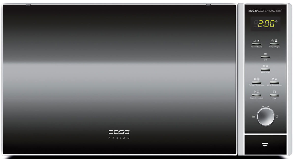 CASO MCG 30 Chef микроволновая печьMCG 30 Chef CASO MCG 30 Chef микроволновая печьMCG 30 ChefCASO MCG 30 Chef - стильная СВЧ-печь в оригинальном черно-серебристом корпусе. Зеркальная передняя панель подчеркивает изящество дизайна. Данная модель имеет внутреннее освещение и удобное электронное управление для максимально комфортной эксплуатации. Множество автоматических программ, а также таймер со звуковым сигналом также поможет быстро и просто приготовить то или иное блюдо. Ровное керамическое дно очень легко моется и дает больше места для прямоугольных форм при готовке. Отражатель микроволн равномерно распределяет микроволны, блюдо отлично готовится со всех сторон.Автоматических программ: 9Таймер: 95 минКомбинированных программ: 4Конвекция: 10 уровней, 110-200 °C
