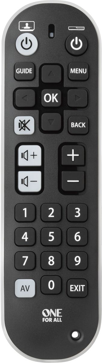 One For All Zapper+ URC6820 Black, пульт ДУ универсальныйURC6820 One For All Zapper+ URC6820 Black, пульт ДУ универсальныйURC6820Пульт дистанционного управления One For All Zapper+ является простым в управлении. Эргономичный универсальный Zapper+ очень хорошо сконструирован, он имеет удобный для руки захват и резиновые ножки для устойчивости на вашем столе. Он даже поставляется с дополнительным ремешком. Этот пульт идеален для всех, кто хочет упростить управление сложными устройствами.Пульт Zapper+ может управлять не только телевизором, но и спутниковым ресивером и звуковым проектором, если это необходимо. Две отдельные клавиши питания, чтобы вы всегда знали какое устройство, вы включили или выключили.Установку легко сделать с помощью кодов брендов, которые можно найти в руководстве. Или используя простую функцию обучения.Для оптимальной навигации, клавиши большие и двухцветные, чтобы показать, какое устройство находится под управлением.