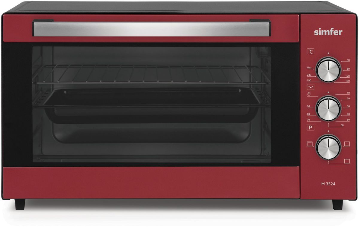 Simfer M3524 мини-печьM3524 Simfer M3524 мини-печьM3524Электропечь Simfer M3524 с антипригарным покрытием порадует всех любителей готовить быстро, вкусно и всегда удачно, поскольку обладает лучшими рабочими режимами и функциями для получения самых разнообразных блюд и прекрасной выпечки!Объем духовки равен 35 литрам с мощным верхним и нижним нагревом, благодаря чему всегда можно побаловать себя и своих близких замечательной сочной курочкой с аппетитно хрустящей поджаренной корочкой, а также приготовлением домашнего шашлыка! Температура приготовления регулируется в диапазоне от 0 до 250 градусов, а также можно выбрать время приготовления блюд благодаря таймеру с установкой до 90 минут. Simfer M3524 проста в уходе за счет наличия антипригарного покрытия рабочих поверхностей. Дверца духовки оборудована широкой ненагревающейся ручкой, что поможет вам избежать ожогов.