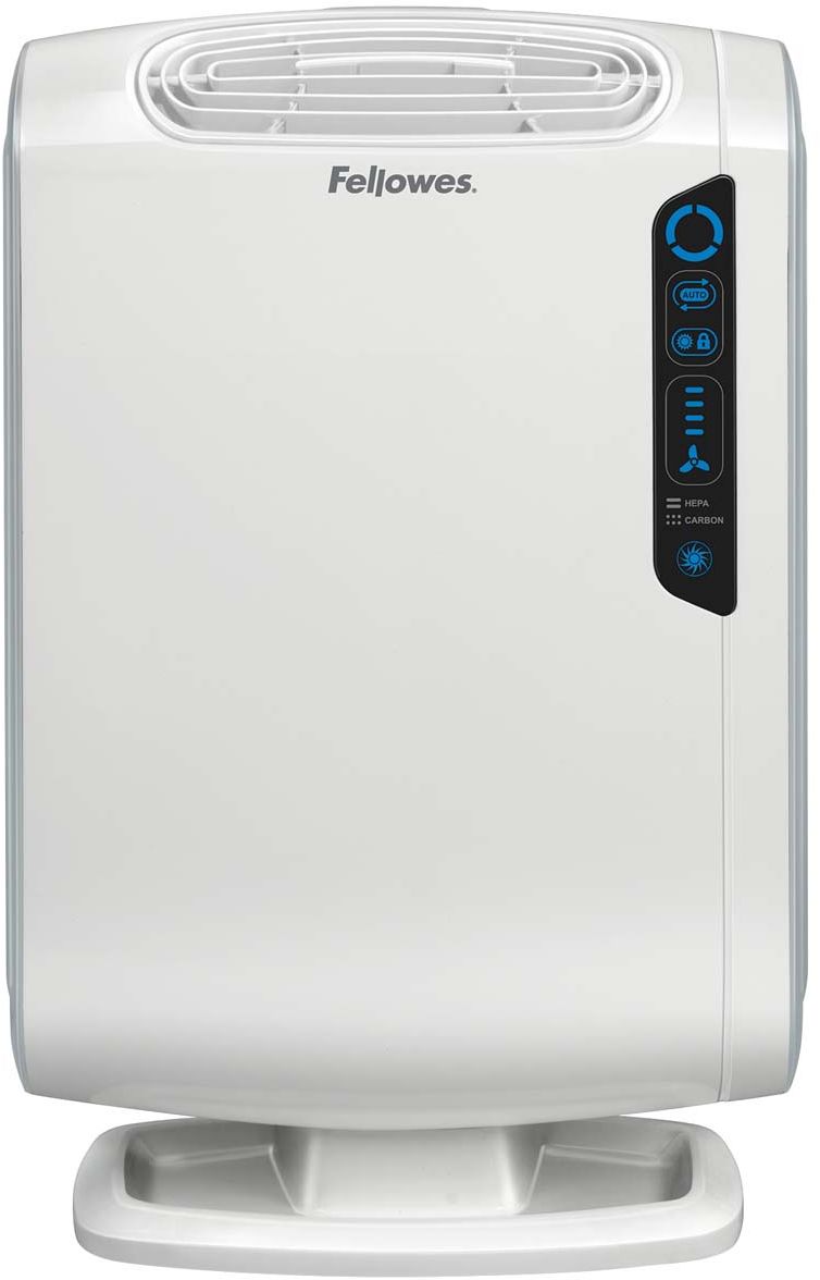 Fellowes Aeramax DB55 воздухоочистительFS-94018 Fellowes Aeramax DB55 воздухоочистительFS-94018Воздухоочиститель для семей с маленькими детьми DB5/DB55, предназначен для помещений до 8/18 м2Воздухоочиститель Fellowes AeraMax DB55 (fs-9401801) предназначен для эффективной очистки воздуха в помещении площадью до 8м2.Воздух проходит 4 степени очистки, что позволяет значительно улучшить качество воздуха внутри помещений, удалив 99.97% загрязняющих частиц. Угольный фильтр удаляет запахи, химические загрязнения и крупные частицы, переносимые по воздуху.True HEPA фильтр задерживает 99.97% частиц размером от 0.3 микрон, включая споры плесени, пыльцу растений, пылевых клещей, большинство бактерий, аллергенов и сигаретный дым.Антибактериальная обработка AeraSafe™– встроенная защита от роста бактерий, вызывающих неприятный запах, плесени и грибков на фильтре True HEPA.Технология PlasmaTRUE™ безопасно удаляет содержащиеся в воздухе загрязняющие вещества, мгновенно нейтрализуя вирусы и микробы.Воздухоочиститель прост в работе и обладает удобным пользовательским интерфейсом. В режиме работы АВТО, датчики оценивают изменения качества воздуха в помещении, на основании чего устанавливается соответствующий режим очистки.Отличительной особенностью данной модели является возможность блокировки настроек и ночной режим работы, позволяющий снизить яркость светодиодов на 70%.