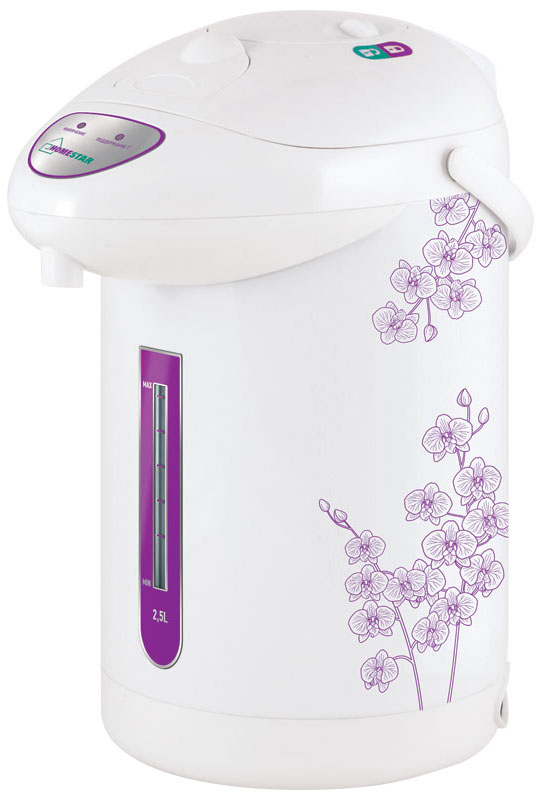 HomeStar HS-5001, White Purple термопот54 000650 HomeStar HS-5001, White Purple термопот54 000650Термопот HomeStar HS-5001 поможет не только вскипятить или подогреть воду, но и сохранить ее температуру на заданном уровне в течение нескольких часов. Благодаря этому вы избавите себя от частого подогрева воды, что, в свою очередь, обеспечит вполне реальную экономию электроэнергии.Мощность в режиме поддержания температуры: 35 ВтНержавеющая стальная колбаСъемный шнур питанияСкрытый нагревательный элементПоддержание температуры: 24 часа