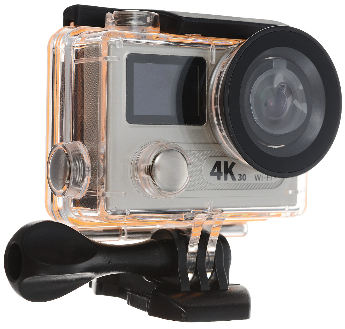 Eken H8R Ultra HD, Grey экшн-камераH8R_grey Eken H8R Ultra HD, Grey экшн-камераH8R_greyЭкшн-камера Eken H8R Ultra HD позволяет записывать видео с разрешением 4К и очень плавным изображением до 30 кадров в секунду. Камера имеет два дисплея: 2 TFT LCD основной экран и 0.95 OLED экран статуса (уровень заряда батареи, подключение к WiFi, режим съемки и длительность записи). Эта модель сделана для любителей спорта на улице, подводного плавания, скейтбординга, скай-дайвинга, скалолазания, бега или охоты. Снимайте с руки, на велосипеде, в машине и где угодно. По сравнению с предыдущими версиями, в Eken H8R Ultra HD вы найдете уменьшенные размеры корпуса, увеличенный до 2-х дюймов экран, невероятную оптику и фантастическое разрешение изображения при съемке 30 кадров в секунду!Управляйте вашей H8R на своем смартфоне или планшете. Приложение Ez iCam App позволяет работать с браузером и наблюдать все то, что видит ваша камера. В комплекте с камерой идет пульт ДУ работающий на частоте 2,4 Ггц. Он позволяет начинать и заканчивать съемку удаленно.