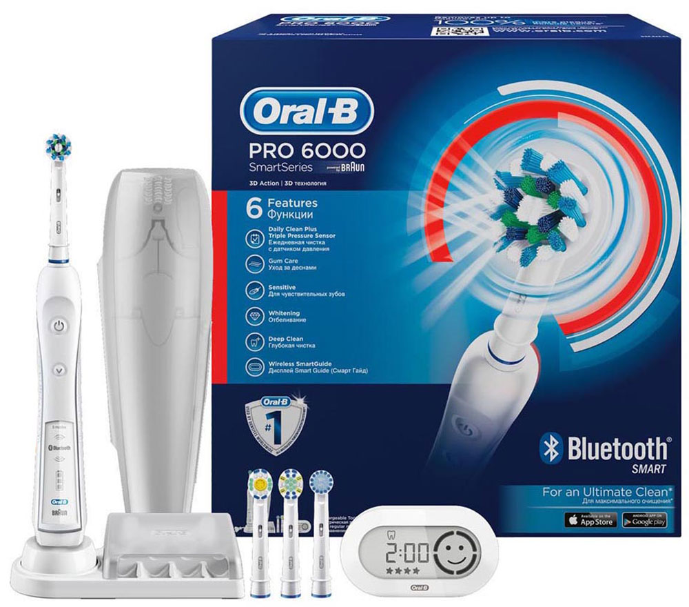 Электрическая зубная щетка Oral-B PRO 6000 Smart Series с Bluetooth-подключениемCRS-80270154 Электрическая зубная щетка Oral-B PRO 6000 Smart Series с Bluetooth-подключениемCRS-80270154Электрическая зубная щетка Oral-B PRO 6000 Smart Series с Bluetooth удаляет до двух раз больше зубного налета, чем мануальная зубная щетка. Зубная щётка Oral-B SmartSeries 6000 оснащена Bluetooth-интерфейсом 4.0 для синхронизации с бесплатным приложением Oral-B® App для iOS и Android, благодаря которому этот небольшой гаджет сможет стать домашним мини-стоматологом: научит правильно ухаживать за полостью рта, проверит навыки чистки, укажет на ошибки и даже поощрит за успехи.Комплектация: аккумуляторная электрическая зубная щетка (1 шт.), беспроводное устройство навигации SmartGuide (1 шт.), зарядное устройство (1 шт.), дорожный футляр (1 шт.), контейнер для хранения насадок. 4 насадки в комплекте: - насадка Cross Action: щетинки, расположенные под углом 16?, окружают каждый зуб, бережно удаляя до 100% больше налета даже из труднодоступных мест; - насадка Sensitive с более мягкими щетинками для бережной чистки чувствительных участков полости рта;- насадка 3D White с полирующей чашечкой в центре щеточного поля для восстановления естественной белизны зубов;- насадка FlossAction для тщательного удаления налёта между зубами. 5 режимов чистки: Ежедневная чистка, Глубокая чистка (более высокая скорость), Массаж, Полировка (отбеливание), режим Для чувствительных участков полости рта.Подходит для детей с 3 лет.8800 возвратно-вращательных движений + 40000 пульсирующих движений.Перейдите на новый уровень чистки за 2 минуты!* Удаляет до 100% больше зубного налета, чем мануальная зубная щетка, а также улучшает состояние десен* Bluetooth модуль 4.0 для синхронизации с приложением Oral-B App* Голубые щетинки Indicator обесцвечиваются наполовину, сигнализируя о необходимости замены насадки. Регулярно меняйте насадку, чтобы постоянно получать превосходный результат (менять насадку рекомендуется в среднем раз в 3 месяца.)* Oral-B – марка зубных щеток №1, используемая большинством стоматологов мира!* (* на основании международных опросов P&G среди репрезентативной выборки стоматологов, проводимых регулярно, в т.ч. 2013-2015 гг.)* Гарантия результата или возврат денег (Испытайте в действии зубную щетку Oral-B в течение 30 дней. Если вы не будете на 100% удовлетворены результатом, Oral-B вернет деньги. Подробная информация vk.com/insmiles и everydayme.ru/teg/oral-b )* 3D-технология чистки совмещает возвратно-вращательные движения с пульсацией: пульсирующие движения бережно разрыхляют зубной налет, а возвратно-вращательные движения выметают его и массируют десны* Производится в Германии* Разработана со стоматологами. Закругленные кончики щетинок и встроенный датчик давления (автоматически отключающий пульсацию при чрезмерном давлении на щетку) гарантируют безопасность применения