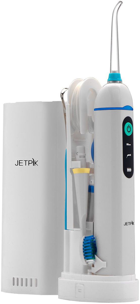 Jetpik JP210-Solo ирригатор полости ртаJA05-119-02 Jetpik JP210-Solo ирригатор полости ртаJA05-119-02Сочетает в себе очищающее действие зубной нити (смарт-флосса), воды и воздуха. В ирригатор добавлена функция звуковой зубной щетки. Легкий в использовании, очень эффективный и экономит время. Здоровые десны и чистые зубы уже через 7 дней. Клинически доказано, что удаляет до 99% зубного налета. Инновационная комбинация давления воды и пульсирующей флосс-системы (20-25 колебания в сек) удаляет остатки пищи глубже и быстрее, между зубами и ниже линии десен, в труднодоступных местах вокруг брекетов, между зубными имплантатами и коронками. Пульсирующая под давлением воды смарт флосс-система создает дополнительную силу трения. Лабораторно доказано что JETPIK на 240% более эффективно удаляет зубной налет и биопленку, чем обычные водные ирригаторы. Эффективный, безопасный и простой в использовании. Идеально подходит для тех, кто с имплантатами, коронками, брекет-системами, мостовидными протезами, пародонтальными карманами. Портативный и компактный - по размерам не больше электрической зубной щетки, благодаря встроеной литиевой батарее заряжается как мобильный телефон через базовое зарядное устройство или USB разьем. Как жидкость для ирригации можно использовать не только воду, но и лечебные растворы. Удобный специальный стакан JETPIK или любая емкость подойдет как резервуар, благодаря портативной силиконовой клипсе JETPIK, которая идет в комплекте с набором.