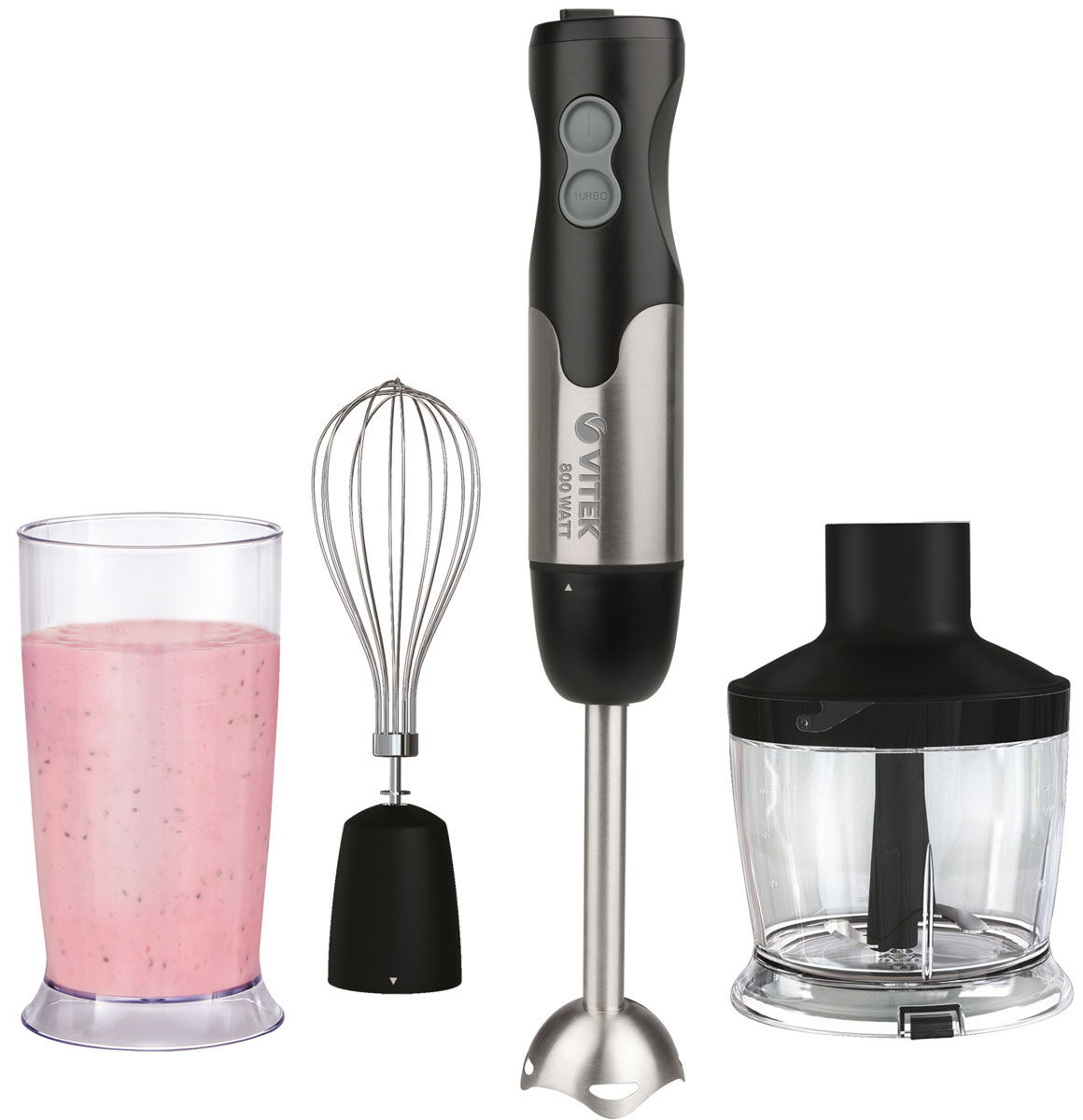 Vitek VT-8520(ST) блендерVT-8520(ST) Vitek VT-8520(ST) блендерVT-8520(ST)Сочетание мощности и технологийвоплощаются в блендерном наборе Vitek VT-8520(ST). Набор совмещает в себе все необходимые функции блендера, чоппера и миксера для идеальной обработки продуктов. Блендерный набор Vitek VT-8520(ST) станет не только незаменимым помощником в приготовлении различных блюд, но также и стильным аксессуаром на вашей кухне. Блендерный набор с высокой мощностью 800 Вт быстро и качественно измельчит продукты любой твердости. Погружная часть и лезвия выполнены из нержавеющей стали повышенной прочности, что обеспечивает продолжительную работу блендера. Особая форма погружной части предотвращает разбрызгивание во время работы. Turbo режим и плавная регулировка скоростей позволяют выбрать оптимальный режимдля смешивания разныхвидов продуктов.