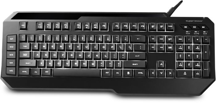 Cooler Master Supressor игровая клавиатураSGK-3002-KKMF1-RU Cooler Master Supressor игровая клавиатураSGK-3002-KKMF1-RUSupressor (SGK-3002-KKMF1-RU) геймерская мембранная клавиатура с белой LED подсветкой всех кнопок, 5 профилей и 75 макросов (по 15 в каждом профиле), N-Key Rollover - 64 кнопки, частота опроса 1000 Гц, время отклика 1 мс, блокировка кнопки Windows в режиме игры, встроенная память 128 кБ, мультимедийные кнопки для мгновенного начала воспроизведения музыки, съемная эргономичная подставка под кисти рук, съемный USB-кабель, габаритные размеры 486(Д)x189(Ш)x34(В) мм,