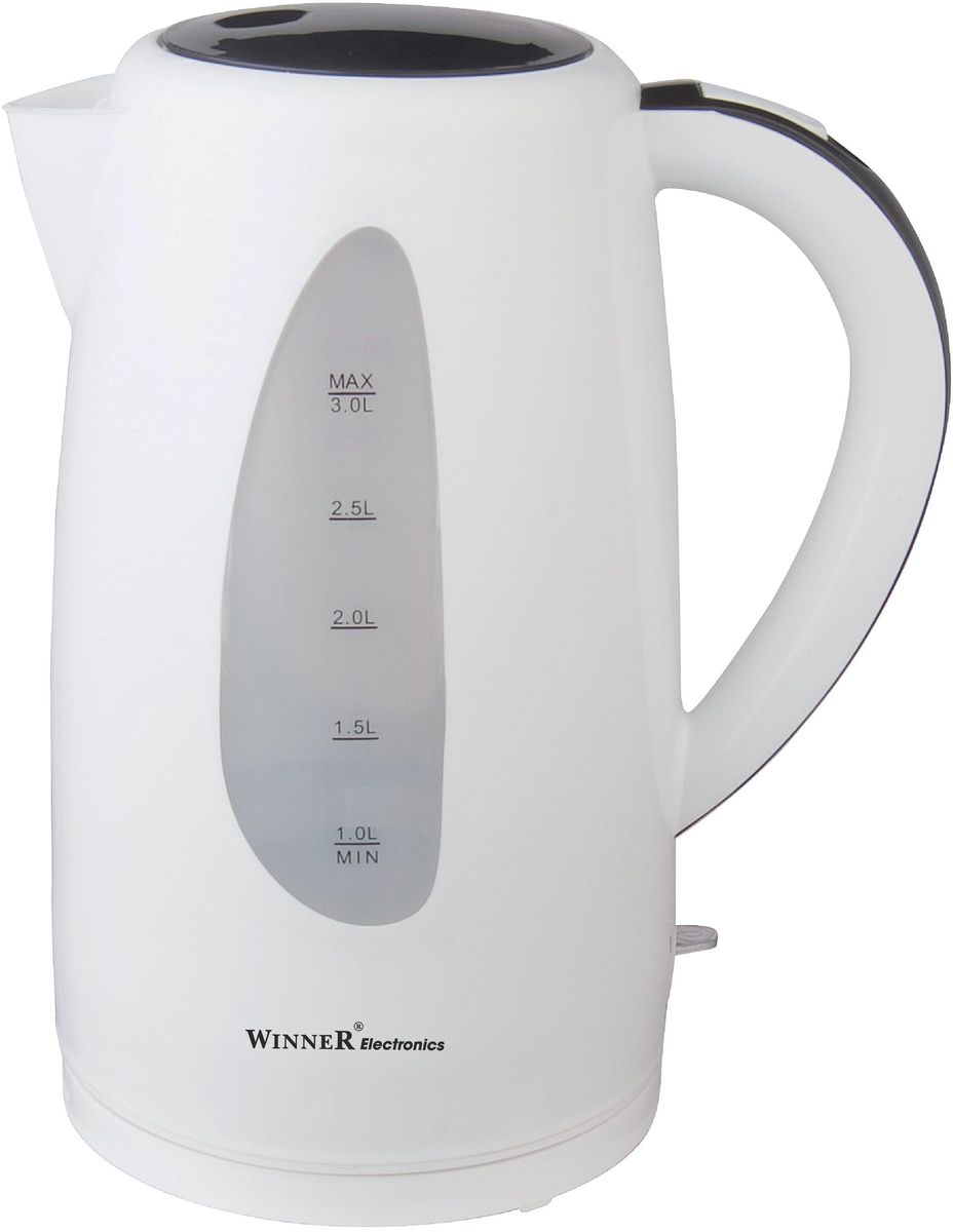 Winner Electronics WR-128 электрический чайникWR-128 Winner Electronics WR-128 электрический чайникWR-1283,0 л. Пластиковый чайник с вращением 360гр. Функция автоматич. открывания крышки. Выключатель со световым индикатором. Автоматическое отключение при отсутствии воды и после закипания воды.Съемный нейлоновый фильр. Шкала-индикатор уровня воды. Съемная база питания с противоскользящим покрытием.220-240В 50/60Гц 2200Вт