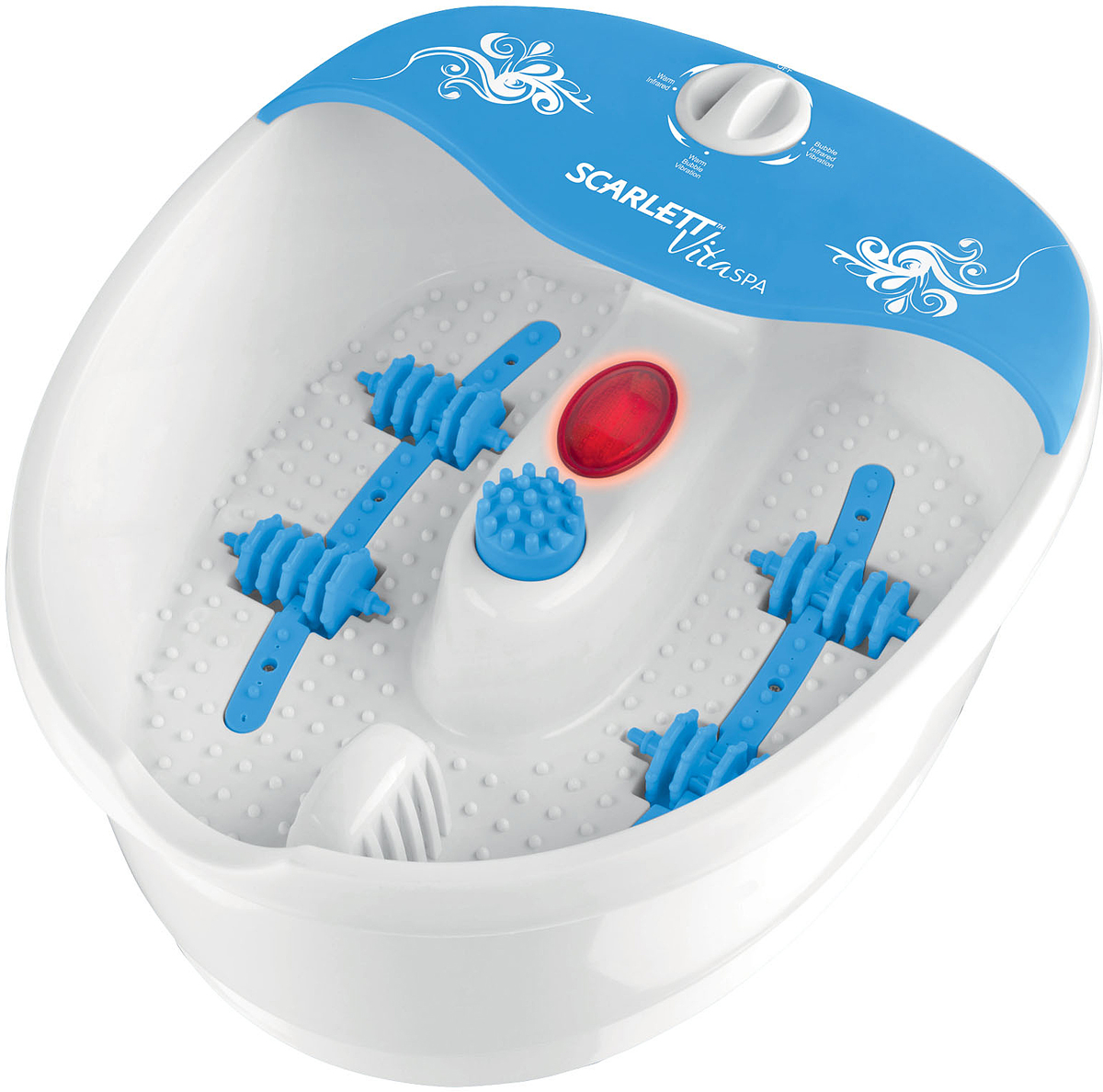 Scarlett SC-FM20104, Blue гидромассажная ванна для ногSC-FM20104 Scarlett SC-FM20104, Blue гидромассажная ванна для ногSC-FM20104Гидромассажная ванна Scarlett SC-FM20104 позволит вам ежедневно наслаждаться расслабляющим массажем ступней. Покрытие дна воздействует на все нервные окончания, расположенные на ступнях и снимает усталость не только ног, но и всего организма.Прибор имеет три режима работы: массаж в теплой воде с пузырьковой ванной, массаж в теплой воде с инфракрасным подогревом и вибромассаж с инфракрасным подогревом и пузырьковой ванной. Инфракрасное излучение прогреет суставы, кожу стоп, расслабит мышцы ног и улучшит кровообращение. Нагревательный элемент внутри ванночки поддерживает заданную температуру воды, поэтому она остается теплой в течение всей процедуры.Две пары роликовых насадок предназначены для оздоровительного и расслабляющего воздействия на стопы ног. В центре ванночки находится массажный ролик для более интенсивного массажа ступней. Кроме того, в комплект входят три дополнительные насадки: щеточка для более тщательной обработки ступней, насадка-пемза для удаления загрубевшей кожи и массажные шарики для эффективной стимуляции и точечного массажа ступней.20 воздушных отверстий для расслабляющих пузырьковых ваннПрозрачная крышка для защиты от брызгОтверстия для удобства слива воды4-х позиционный переключатель режимов
