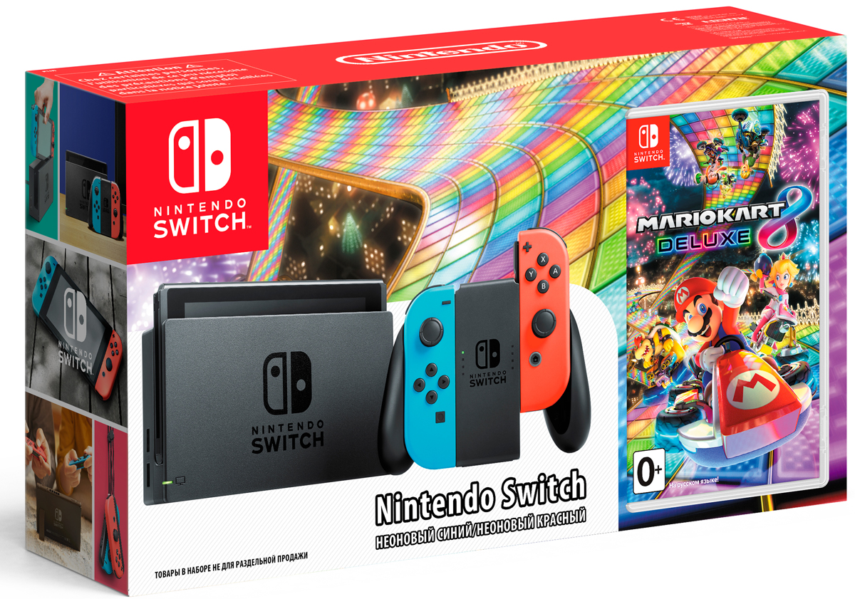 Игровая консоль Nintendo Switch, Neon Red Blue + Mario Kart 8 DeluxeConSWT5 Игровая консоль Nintendo Switch, Neon Red Blue + Mario Kart 8 DeluxeConSWT5Nintendo Switch - инновационная игровая консоль-гибрид. Ее не только можно подключить к телевизору, она также мгновенно превращается в портативную игровую систему с экраном 6,2 дюйма.Впервые игроки смогут наслаждаться масштабными игровыми проектами, типичными для домашних консолей, где угодно и когда угодно. Игровая консоль поддерживает Amiibo и многопользовательскую локальную/онлайн игру на 8 человек.Многофункциональные контроллеры Joy-Con предлагают игрокам новые возможности для развлечений. Каждый Joy-Con оснащен полным набором кнопок и может выступать в качестве самостоятельного контроллера. Каждый контроллер оснащен акселерометром, гироскопом, а также поддерживают функцию вибрации HD.Подключите консоль к телевизору, и все от мала до велика смогут погрузиться в игровые миры. Отличный способ играть в видеоигры дома с друзьями и родными.Если у вас нет доступа к телевизору, откиньте опору консоли и вручите другу контроллер Joy-Con, чтобы соревноваться друг с другом и играть вместе на экране консоли.Игроки могут подключить до восьми консолей Nintendo Switch друг к другу и наслаждаться многопользовательскими играми.На каждой стороне Nintendo Switch расположено по контроллеру Joy-Con, которые работают в паре. Если вы установите два Joy-Con в держателе Joy-Con, у вас получится традиционный контроллер. Без держателя они функционируют как два отдельных полноценных контроллера.Прикрепите ремешки Joy-Con, идущие в комплекте, к контроллерам и закрепите ремешки на запястье, чтобы насладиться управлением движением.Инфракрасная камера движения в правом контроллере Joy-Con может определять форму, движение и расстояние до объектов, попадающих в поле зрения камеры. Например, она может распознать форму руки, когда вы играете в камень, ножницы, бумага. Теперь в играх откроются новые возможности!Разрешение дисплея: 1280 x 720Процессор: ARM Cortex A57ОЗУ: 4 ГБВидеочип: NVIDIA Tegra X1Встроенный модуль BluetoothТип карты памяти: microSD, microSDHC, microSDXCМакс. емкость карты памяти: 64 ГБТехнология NFCДатчики: акселерометр, гироскопФункция обратной связиЕмкость аккумулятора: 4310 мАчРабота от аккумулятора: до 5 часовИнтерфейсы: USB Type-С, разъем для наушников 3.5 мм