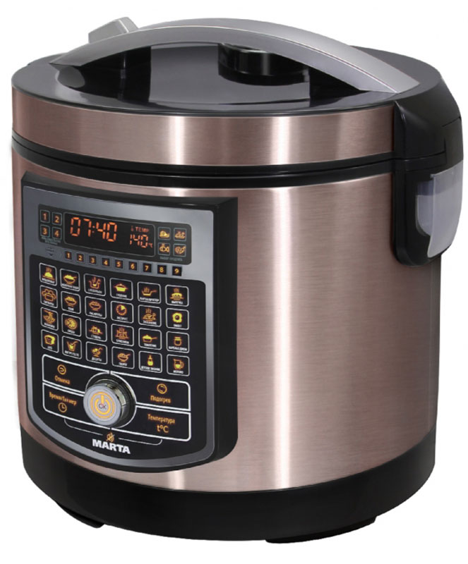 Marta MT-4316, Night Zircon мультиваркаMT-4316 Marta MT-4316, Night Zircon мультиваркаMT-4316Инновационная мультиварка Marta MT-4316 из профессиональной серии iCOOKER. Сенсорная панель и джойстик дарят простоту и удобство управления. Запатентованные технологии Шеф-Повар и Шеф Про позволяют изменить настройки любой автоматической программы и сохранить их в энергонезависимую память. 9 уровневая программа Смарт для самых сложных блюд, 4 ячейки памяти для собственных программ. Возможность выбора продукта для идеального результата. Управление мультиваркой осуществляется с помощью сенсорной панели и джойстика. Джойстиком можно выбрать любую программу, изменить время и температуру приготовления, выбрать тип продукта и многое другое. Нажатие на него подтверждает выбор пользователя.Специально для опытных кулинаров Marta предусмотрели 4 дополнительные ячейки, в которые можно сохранить свои собственные программы. Теперь вы можете самостоятельно создавать и сохранять в памяти мультиварки программы приготовления своих самых лучших блюд. Готовьте любимые блюда в одно касание!Функция Шеф-Повар позволяет изменять настройки программы до её старта или во время работы программы. Просто подкорректируйте время или температуру программы и запустите ее с новыми настройками. Marta предлагает готовые рецепты, ставшие результатом работы кулинарных экспертов. Но самое ценное – ваш личный опыт! Дополните рецепты профессионалов по своему вкусу. Все лучшее нуждается в развитии.Функция Шеф-Про сохраняет изменения настроек автоматических программ в память мультиварки. Измененные настройки становятся настройками по умолчанию, замещая собой заводские или установленные ранее. При необходимости измененные настройки всех программ, либо одной выбранной программы могут быть сброшены к заводским.9 уровней Смарт - пользовательская программа, состоящая из девяти этапов. Предназначена для блюд, требующих нескольких различных температурно-временных настроек каждого из этапов приготовления в одном цикле. Идеально подходит для приготовления заправочных супов, гуляшей и поджарки.Мультиповар позволяет задавать настройки времени и температуры приготовления вручную. Наиболее тонкий способ индивидуального программирования мультиварки, поскольку настройки времени и температуры могут быть заданы с точностью до минуты и градуса. Диапазон установки температуры – от 30 до 180.°С с шагом в 1 градус. Диапазон установки времени – от 1 минуты до 24 часов с шагом в 1 час / 1 минуту.Полимер-керамическое покрытие GREBLON C3+ - немецкий стандарт качества покрытий в пищевой промышленности. По некоторым своим характеристикам превосходит корейские и прочие аналоги в несколько раз. Имеет 3 слоя с керамическим армированием на водной основе PTFE для наивысшей стойкости к механическим нагрузкам и температурным перепадам, не изменяет вкуса и аромата продуктов, не выделяет вредных веществ, тем самым, заботясь о качестве пищи и, как следствие, здоровье людей. Программа автоматического запуска подогрева по завершении большинства программ позволяет готовое блюдо сохранить в состоянии готовом к подаче на стол. Эта функция доступна для всех программ, кроме программ Жарка/Фритюр и Йогурт/Тесто во избежание порчи готовых блюд. Тем не менее, пользователь всегда может активировать автоматический запуск подогрева и для этих программ тоже.В мультиварке предусмотрена возможность отключения автоподогрева вручную. Функция автоматического подогрева отключается кнопкой Подогрев во время приготовления или по завершении программы, а также в режиме отложенного старта до запуска программы. Настоящий кулинар все решает сам.Мультиварку можно заранее подготовить, загрузив в нее необходимые продукты, и настроить таким образом, чтобы программа приготовления запустилась самостоятельно, без вмешательства человека. Надо всего лишь указать период времени, через который программа должна запуститься. Доступный диапазон настройки для этой функции – от 30 минут до 24 часов. Эта функция доступна не для всех автоматических программ, программы Жарка/ Фритюр, Выпечка, Плов, Детское питание, Молоко, Омлет, Хлеб, Пицца, Экспресс и Десерты не могут быть запущенны по таймеру.Большинство операций в ходе эксплуатации мультиварки сопровождаются звуковыми сигналами. Для удобства пользователя в конструкции мультиварки предусмотрено отключение сигналов звукового оповещения одновременным нажатием и удержанием кнопок Время/Таймер и Температура.Ваша новая мультиварка оснащена функцией автоматического отключения после 30 секунд простоя. Вы также можете отключить питание мультиварки и перевести ее в спящий режим вручную.