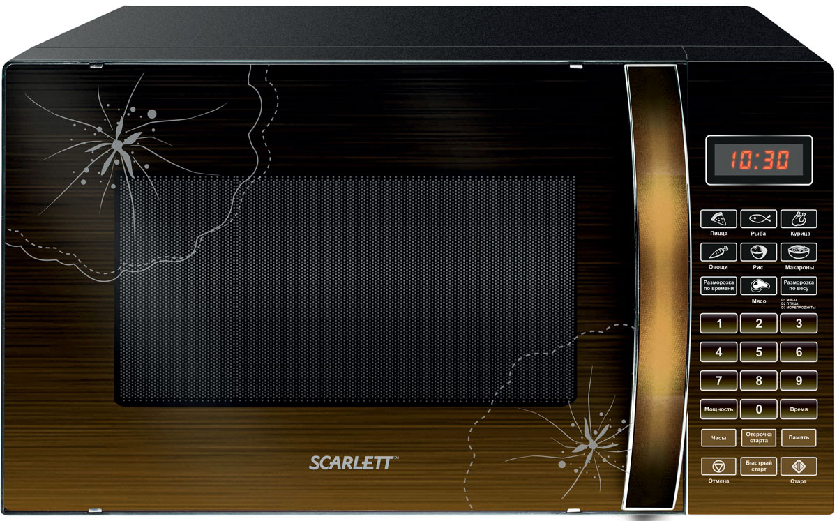Scarlett SC-MW9020S01D, Hazelnut СВЧ-печьSC-MW9020S01D Scarlett SC-MW9020S01D, Hazelnut СВЧ-печьSC-MW9020S01DМикроволновая печь Scarlett SC-MW9020S01D предназначена для быстрого приготовления или подогрева пищи, а также для размораживания продуктов. Оснащена девятью автоматическими программами, функциями быстрой разморозки и разморозки по весу. Данная модель имеет удобное электронное управление для максимально комфортной эксплуатации, а также шесть режимов тепловой обработки и таймер до 99 минут со звуковым сигналом.Максимальная потребляемая мощность: 1200 ВтШирокое смотровое окноЦифровой дисплейВращающееся стеклянное блюдо диаметром 245 ммКнопка открытия дверцыЖаропрочное покрытие