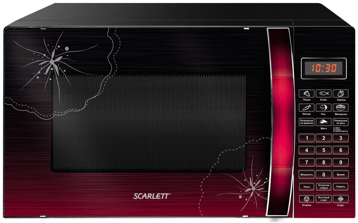 Scarlett SC-MW9020S04D, Cherry СВЧ-печьSC-MW9020S04D Scarlett SC-MW9020S04D, Cherry СВЧ-печьSC-MW9020S04DМикроволновая печь Scarlett SC-MW9020S04D предназначена для быстрого приготовления или подогрева пищи, а также для размораживания продуктов. Оснащена девятью автоматическими программами, функциями быстрой разморозки и разморозки по весу. Данная модель имеет удобное электронное управление для максимально комфортной эксплуатации, а также шесть режимов тепловой обработки и таймер до 99 минут со звуковым сигналом.Максимальная потребляемая мощность: 1200 ВтШирокое смотровое окноЦифровой дисплейВращающееся стеклянное блюдо диаметром 245 ммКнопка открытия дверцыЖаропрочное покрытие
