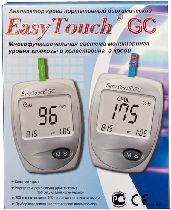 Анализатор глюкозы и холестерина EasyTouch GC1022 Анализатор глюкозы и холестерина EasyTouch GC1022Описание:Система EasyTouch GC предназначена для самостоятельного контроля содержания глюкозы и холестерина в крови.Уникальная система мониторинга Easy Touch GC позволяет провести два вида анализа при помощи одного прибора, отличаясь невероятным удобством в эксплуатации. Пациенты, использующие систему EasyTouchGC, ежедневно могут контролировать свои результаты. Прибор создан для количественного измерения содержания глюкозы и холестерина в свежей капиллярной цельной крови из кончика пальца. Работа системы мониторинга построена на электрохимическом методе измерения. Это позволяет обходиться минимальным количеством крови при анализе. Результаты измерения глюкозы будут показаны на экране спустя 6 секунд, холестерина - 150 секунд. Прибор обладает функцией сохранения данных, что поможет Вам наблюдать за ходом изменений уровня глюкозы и холестерина в крови.Характеристики EasyTouch GCТип прибора Многофункциональная система мониторинга уровня глюкозы и холестеринаМодель EasyTouch GCМетод измерения ЭлектрохимическийТип калибровки По цельной кровиТип образца Свежая цельная капиллярная кровьИзмеряемые характеристикиГлюкоза 1,1-33,3 ммоль/лХолестерин общий 2,6-10,4 ммоль/лЕдиницы измерения ммоль/л, мг/длМаксимальная погрешность измерения ± 20 %Объем капли крови 0,8 мкл, 15 мклДлительность измерения 6 сек. глюкоза, 150 сек. холестеринДисплей ЖидкокристаллическийОбъем памяти 200 результатов для глюкозы, 50 результатов для холестеринаЭлементы питания Алкалиновые батарейки 1.5В (ААА) - 2 шт.Срок службы элементов питания приблизительно 1000 измеренийАвтоотключение ЕстьКодирование тест-полосок ЧипомВес 59 г.Размеры 88 x 64 x 22 ммГарантия Бессрочная Комплектация:Измеритель EasyTouch GCИнструкция на русском языкеПроверочная полоскаСумочкаБатарейки (ААА – 2 шт.)АвтоланцетЛанцеты (25 шт.)Дневник самоконтроляПамяткаТест-полоски на глюкозу (10 шт.)Тест-полоски на холестерин (2 шт.)