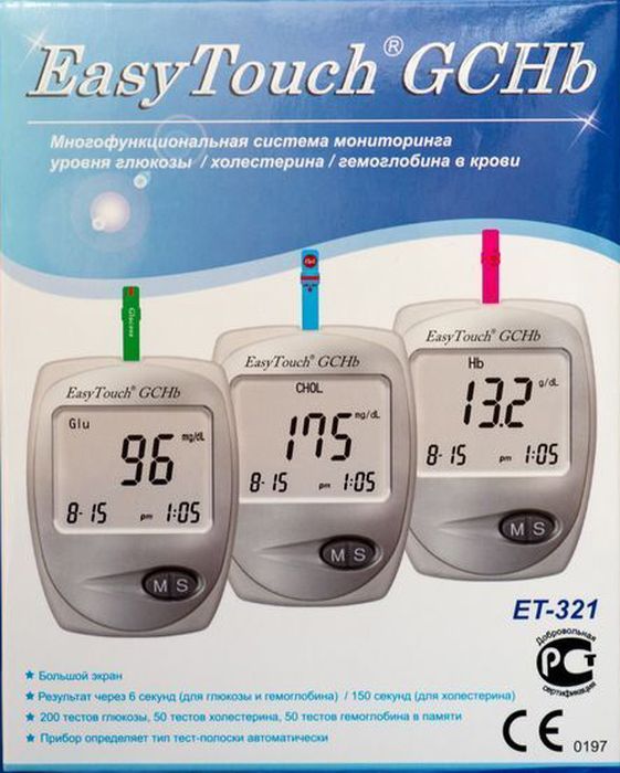 Анализатор глюкозы, холестерина и гемоглобина EasyTouch GCHb791 Анализатор глюкозы, холестерина и гемоглобина EasyTouch GCHb791Описание:Многофункциональная система мониторинга ИзиТач / Easy Touch GCHbДля самостоятельного контроля содержания глюкозы/холестерина/гемоглобина в крови.Многофункциональная система мониторинга предназначена только для диагностики in vitro (только для наружного применения).Система предназначена для работников здравоохранения и людей, страдающих диабетом, гиперхолестеринемией или анемией, для количественного измерения содержания глюкозы, холестерина и гемоглобина в свежей капиллярной цельной крови из кончика пальца. Частый контроль содержания в крови глюкозы, холестерина, гемоглобина - дополнительная забота о людях, страдающих диабетом, гиперхолестеринемией и анемией. Просто нанесите каплю крови на тест-полоску, и результат содержания глюкозы будет отображен на экране спустя 6 секунд, холестерина спустя 150 секунд и гемоглобина спустя 6 секунд.Многофункциональная система EasyTouch GCHb подходит для самоконтроля при диабете, гиперхолестеринемии или анемии в домашних условиях или для профессионального использованияХарактеристики EasyTouch GCHbТип прибора Многофункциональная система мониторинга уровня глюкозы, холестерина и гемоглобина в кровиМодель EasyTouch GCHbМетод измерения ЭлектрохимическийТип калибровки По цельной кровиТип образца Свежая цельная капиллярная кровьИзмеряемые характеристикиГлюкоза Да (1,1-33,3 ммоль/л)Холестерин общий Да (2,6-10,4 ммоль/л)Гемоглобин Да (4,3-16,1 ммоль/л)Единицы измерения ммоль/л, мг/длМаксимальная погрешность измерения ± 20 %Объем капли крови до 15 мклДлительность измерения 6 сек. глюкоза и гемоглобин, 150 сек. холестеринДисплей ЖидкокристаллическийОбъем памяти 200 результатов для глюкозы, 50 результатов для холестерина, 50 результатов для гемоглобинаЭлементы питания Алкалиновые батарейки 1.5В (ААА) - 2 шт.Срок службы элементов питания приблизительно 1000 измеренийАвтоотключение ЕстьКодирование тест-полосок ЧипомВес 59 г.Размеры 88 x 64 x 22 ммГарантия БессрочнаяКомплектация:Прибор - 1 штИнструкция на русском языке Проверочная полоскаСумочкаБатарейки (ААА - 2 шт.)АвтоланцетЛанцеты (25 шт.)Дневник самоконтроляПамяткаТест-полоски на глюкозу (10 шт.)Тест-полоски на холестерин (2 шт.)Тест-полоски на гемоглобин (5 шт.)