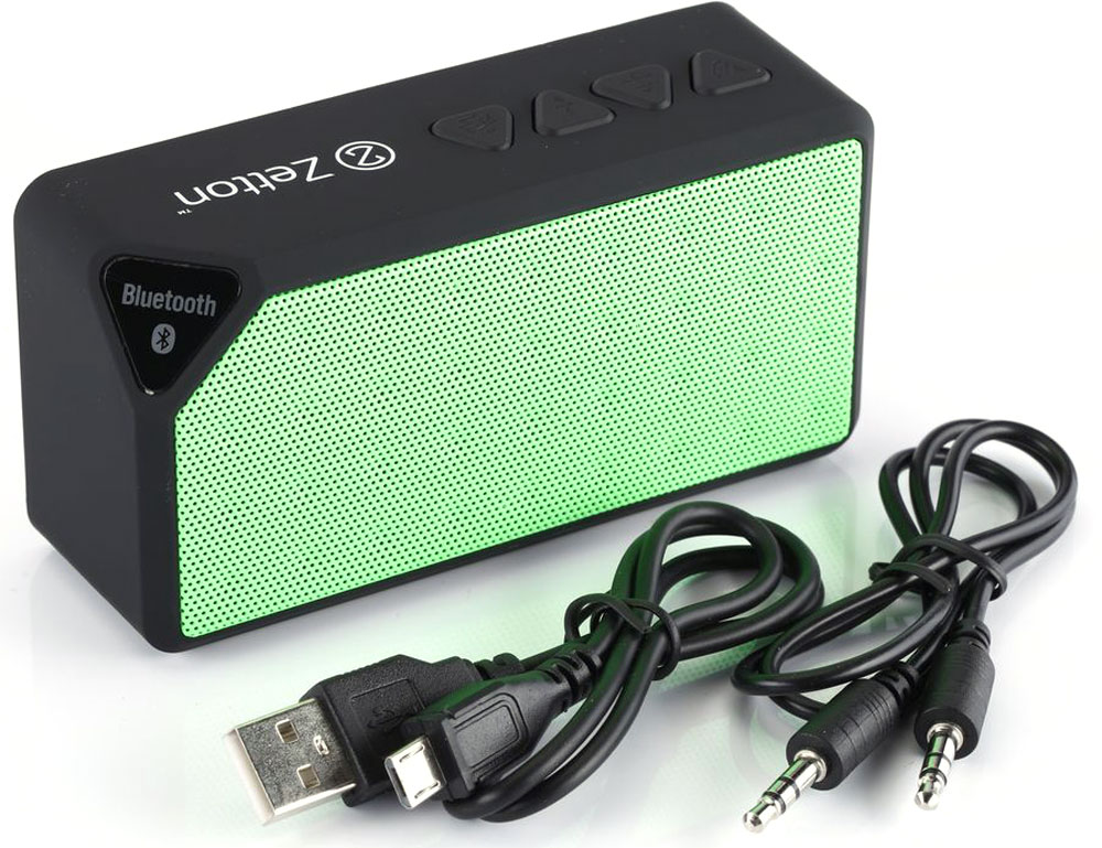 Zetton Parallelepiped, Black Green портативная Bluetooth-колонка (ZTLSBSPARBG)ZTLSBSPARBG Zetton Parallelepiped, Black Green портативная Bluetooth-колонка (ZTLSBSPARBG)ZTLSBSPARBGБеспроводная колонка Zetton Parallelepiped позволит вам слушать музыку со смартфона, планшета и любого аудиоустройства, поддерживающего связь через Bluetooth. Zetton гарантирует чистый звук и безупречное воспроизведение.Небольшие размеры и встроенный аккумулятор дают возможность использовать колонки в мобильном режиме, в любом месте, где нет электричества на протяжении до 6 часов.Скромный с виду динамик обеспечивает вполне серьезную громкость и с легкостью озвучит небольшое помещение или место пикника, отдыха. Для подключения используется Bluetooth или стандартный аудиоразъем 3.5 мм.Встроенный аккумулятор: 650 мАч, 1-2 часа время зарядкиДлина USB шнура: 0,5 м