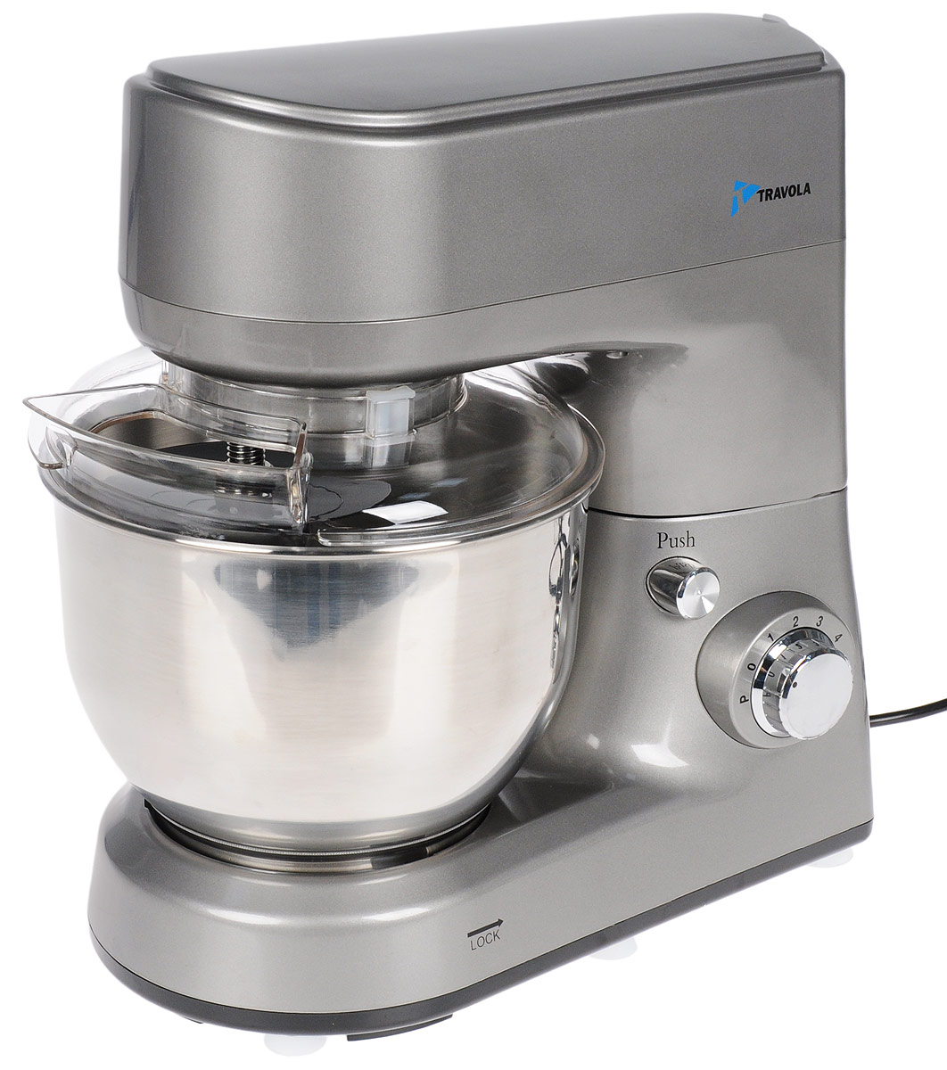 Travola SM-160 планетарный миксерSM-160 Travola SM-160 планетарный миксерSM-160Планетарный стационарный миксер Travola SM-160 с шестью скоростями и стильным дизайном поможет в приготовлении вкусных воздушных кексов и другой выпечки для всей семьи. Благодаря конической насадке достигается более нежная и воздушная консистенция, а также обеспечивается быстрое смешивание. Мощный мотор 1000 Вт позволяет легко замешивать даже самое густое тесто.В комплектацию входят съемная чаша, плоская насадка для взбивания, венчик для взбивания, крюк для перемешивания и замешивания теста, а также прозрачная пылезащитная крышка c загрузочной горловиной, в которую можно добавлять дополнительные ингредиенты во время работы миксера, не отключая его и не поднимая моторный отсек. С помощью миксера можно делать выпечку, взбивать белки и сливки, смешивать жидкости для шейков и коктейлей. Переведя скорость в положение «Р», можно колоть лед или использовать импульсный режим - он кратковременно включит миксер на максимальную скорость. Миксер крепится к поверхности с помощью прорезиненных ножек, что обеспечивает хорошую устойчивость.Насадки нельзя мыть в посудомоечной машине.