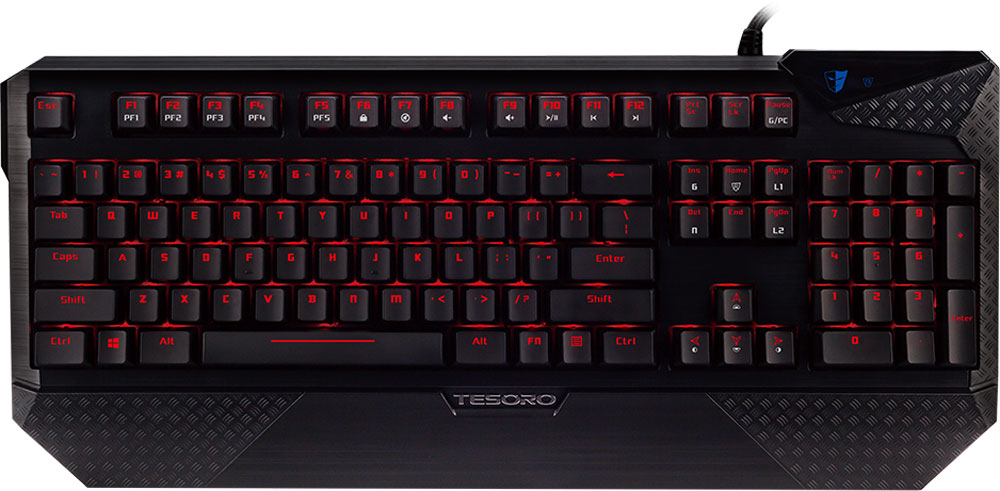 Tesoro Durandal V2 (Cherry MX Blue) игровая клавиатураTS-G1NL bk/bl Tesoro Durandal V2 (Cherry MX Blue) игровая клавиатураTS-G1NL bk/blTesoro Durandal v2 - механическая клавиатура, переносящая ощущения от игры на новый уровень. Девайс оснащен механическими переключателями Cherry MX, способными выдержать более 50 миллионов срабатываний. Durandal v2 не только позволит вам наслаждаться любимыми играми, но и придаст новый вид вашему логову геймера благодаря темно-красной подсветке.В данной клавиатуре установлены переключатели Cherry MX Blue - выбор казуальных игроков и любителей активного общения. Чрезвычайно ускоряют набор текста. Имеют громкий щелчок и четкую отдачу.