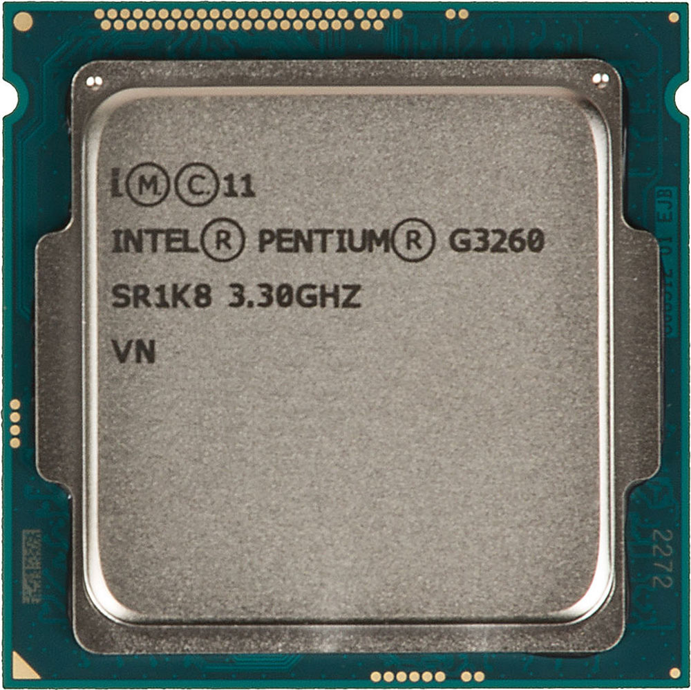 Intel Pentium G3260 процессор293041 Intel Pentium G3260 процессор293041Pentium G3260 - процессор для настольных персональных компьютеров, основанных на платформе Intel.В основе лежит архитектура Haswell, что позволяет оптимизировать работу двух ядер, функционирующих на частоте 3300 МГц. Дополнительное быстродействие обеспечивается кэш-памятью третьего уровня объемом 3072 КБ. Обработка изображения перед демонстрацией его на мониторе ПК осуществляется графическим процессором Intel HD Graphics.Для двусторонней передачи данных между Pentium G3260 и оперативной памятью компьютера предусмотрен встроенный контроллер, поддерживающий модули размером до 32 ГБ. Также в данной модели установлены контроллер PCI-E 3.0 и системная шина DMI 2.0, которые используются для связи с другими элементами ПК.