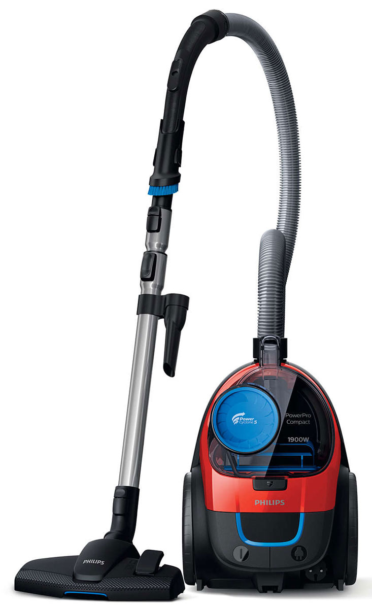 Philips FC9351/01 PowerPro Compact безмешковый компактный пылесосFC9351/01 Philips FC9351/01 PowerPro Compact безмешковый компактный пылесосFC9351/01Пылесос Philips PowerPro Compact обеспечивает впечатляющие результаты уборки благодаря технологии PowerCyclone 5 и насадке MultiClean. Мотор 1900 Вт обеспечивает высокую мощность всасывания и гарантирует отличные результаты уборки.Технология PowerCyclone 5 усиливает воздушный поток и повышает эффективность, мгновенно отделяя пыль от воздуха. Идеальный результат обеспечивается за счет одновременного выполнения следующих действий: 1) благодаря своей конструкции, воздухозаборник PowerCyclone всасывает воздух с большой скоростью; 2) быстрая циркуляция воздуха обеспечивает эффективное отделение воздуха и оседание частичек пыли в циклонической камере; 3) воздух выходит из камеры через лопасти, которые эффективно отделяют пыль от воздуха, направляя ее в контейнер.Насадка MultiClean гарантирует тщательную очистку всех типов напольных покрытий. Она плотно прилегает к полу и собирает даже самую мелкую пыль.В ручку этого пылесоса встроена удобная мягкая щетка для пыли - она всегда готова к использованию.Элементы соединения ActiveLock обеспечивают удобную установку и отсоединение различных насадок и аксессуаров от телескопической трубки.Легкая и компактная конструкция обеспечивает удобное перемещение прибора во время уборки. Большие задние колеса обеспечивают плавное движение.Гофрированный фильтр EPA с большой поверхностью отличается высокой очищающей способностью. Фильтр собирает мелкие частицы пыли, а благодаря циклонной системе он долго не засоряется и обеспечивает отличные результаты на протяжении длительного срока.
