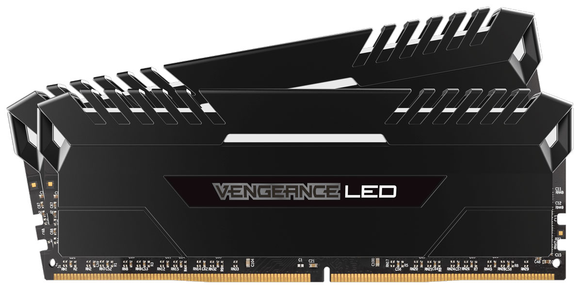 Corsair Vengeance LED DDR4 2x16Gb 2666 МГц комплект модулей оперативной памяти (CMU32GX4M2A2666C16)CMU32GX4M2A2666C16 Corsair Vengeance LED DDR4 2x16Gb 2666 МГц комплект модулей оперативной памяти (CMU32GX4M2A2666C16)CMU32GX4M2A2666C16Независимо от того, обновляете ли вы систему, создаете ли сверхбыструю игровую станцию или пытаетесь побить мировой рекорд по увеличению тактовой частоты - компания Corsair превзойдет все ваши ожидания. Добро пожаловать в семью Vengeance LED!Модули памяти Corsair Vengeance LED серии DDR4 создают неповторимый стиль благодаря яркой светодиодной подсветке, а тщательно сконструированная панель подсветки создана специально для соответствия тематическому дизайну большинства материнских плат и компонентов для игровых ПК. Благодаря модулям памяти Vengeance LED даже простая игровая система может выглядеть уникальной.При изготовлении каждого модуля использовались десятислойные высокопроизводительные печатные платы для улучшения пропускания сигналов и специально подобранные интегральные микросхемы, обеспечивающие непревзойденный разгон и надежную работу на новейших материнских платах Intel серий X99 и 100. Предварительно настраиваемые профили XMP 2.0 для надежного автоматического разгона.