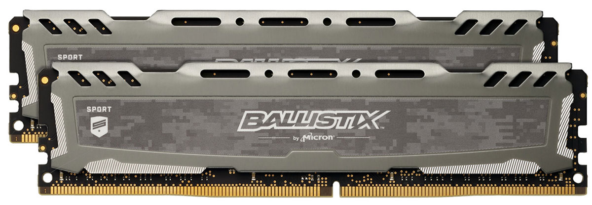 Crucial Ballistix Sport LT DDR4 2х8Gb 2400 МГц, Gray комплект модулей оперативной памяти (BLS2C8G4D240FSB)BLS2C8G4D240FSB Crucial Ballistix Sport LT DDR4 2х8Gb 2400 МГц, Gray комплект модулей оперативной памяти (BLS2C8G4D240FSB)BLS2C8G4D240FSBКомплект модулей оперативной памяти Crucial Ballistix Sport LT типа DDR4 обеспечивает увеличенную рабочую частоту (по сравнению с предыдущем поколением) при сниженном тепловыделении и экономном энергопотреблении. Благодаря низкому напряжению (1,2 В), снижается потребление энергии, что обеспечивает отсутствие нагрева и бесшумную работу ПК. Теплоотвод выполнен из чистого алюминия, что ускоряет рассеяние тепла.Общий объем памяти в 16 ГБ позволит свободно работать со стандартными, офисными и профессиональными ресурсоемкими программами, а также современными требовательными играми. Работа осуществляется при тактовой частоте 2400 МГц и пропускной способности, достигающей до 19200 Мб/с, что гарантирует качественную синхронизацию и быструю передачу данных, а также возможность выполнения множества действий в единицу времени. Параметры тайминга 16-16-16 гарантируют быструю работу системы. Имеется поддержка XMP 2.0 для удобного разгона в автоматическом режиме.