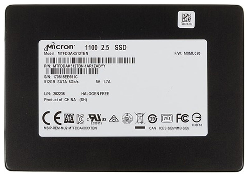 Crucial Micron 1100 512GB SSD-накопитель (MTFDDAK512TBN-1AR1ZABYY)MTFDDAK512TBN-1AR1ZABYY Crucial Micron 1100 512GB SSD-накопитель (MTFDDAK512TBN-1AR1ZABYY)MTFDDAK512TBN-1AR1ZABYYВнутренний SSD-накопитель Crucial Micron 1100 - ультратонкая модель, которая может устанавливаться не только в настольные компьютеры, но также в портативные рабочие станции, ноутбуки и другие подобные устройства.В производстве накопителя применяется технология TLC 3D NAND. Особая конструкция ячеек памяти обеспечивает мгновенный доступ к информации, позволяя получить скорость записи до 500 Мб/с и скорость чтения до 530 Мб/с. Кроме того, она делает их очень надежными, повышая суммарный объем записываемых данных (TBW) в 5 раз по сравнению со средним показателем в отрасли.Минимальное энергопотребление в режиме ожидания помогает существенно снизить нагрузку на батарею портативного устройства, увеличив продолжительность его автономной работы.Поддержка современных методик шифрования исключает несанкционированный доступ к важным данным даже при краже или потере девайса.Время наработки на отказ: 1500000 ч