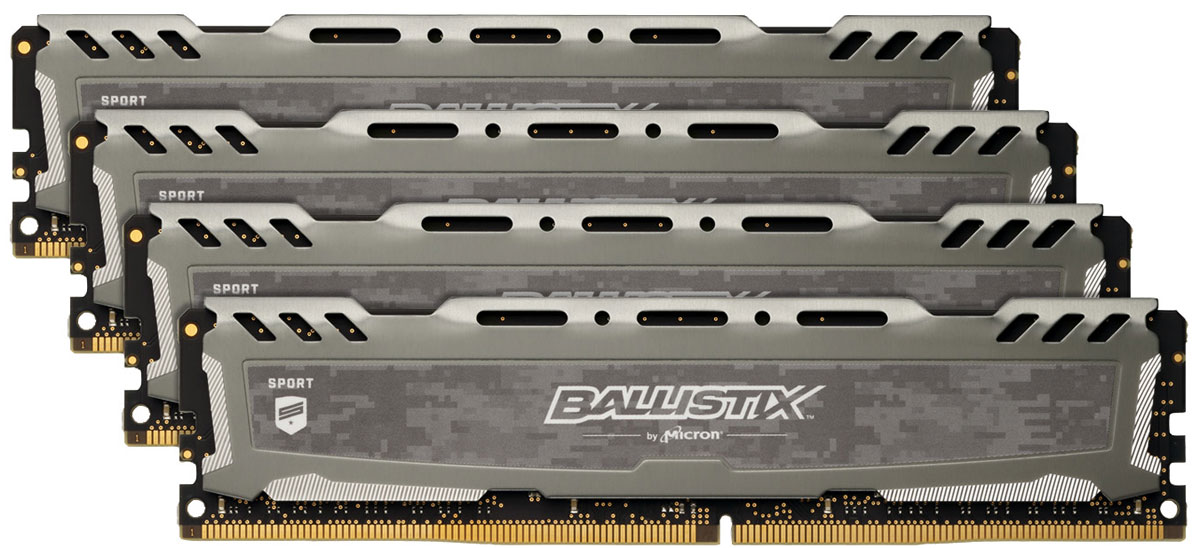 Crucial Ballistix Sport LT DDR4 4х4Gb 2400 МГц, Gray комплект модулей оперативной памяти (BLS4C4G4D240FSB)BLS4C4G4D240FSB Crucial Ballistix Sport LT DDR4 4х4Gb 2400 МГц, Gray комплект модулей оперативной памяти (BLS4C4G4D240FSB)BLS4C4G4D240FSBКомплект модулей оперативной памяти Crucial Ballistix Sport LT типа DDR4 обеспечивает увеличенную рабочую частоту (по сравнению с предыдущем поколением) при сниженном тепловыделении и экономном энергопотреблении. Благодаря низкому напряжению (1,2 В), снижается потребление энергии, что обеспечивает отсутствие нагрева и бесшумную работу ПК. Теплоотвод выполнен из чистого алюминия, что ускоряет рассеяние тепла.Общий объем памяти в 16 ГБ позволит свободно работать со стандартными, офисными и профессиональными ресурсоемкими программами, а также современными требовательными играми. Работа осуществляется при тактовой частоте 2400 МГц и пропускной способности, достигающей до 19200 Мб/с, что гарантирует качественную синхронизацию и быструю передачу данных, а также возможность выполнения множества действий в единицу времени. Параметры тайминга 16-16-16-39 гарантируют быструю работу системы. Имеется поддержка XMP 2.0 для удобного разгона в автоматическом режиме.