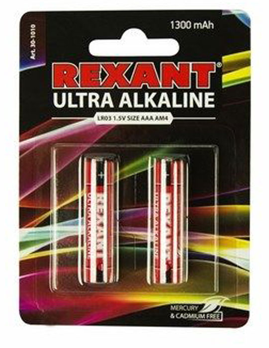 Батарейка ультра алкалиновая Rexant, тип AAA/LR03, 4 шт30-1010 Батарейка ультра алкалиновая Rexant, тип AAA/LR03, 4 шт30-1010Ультра алкалиновая батарейка AAA/LR03 Rexant применяется во всех устройствах, использующих в качестве питания батарейки, как обычные, так и энергоемкие. Разработана и произведена с использованием новейших технологий и оборудования.Повышенная безопасность использования достигается благодаря отсутствию в составе ртути и кадмия. Наличие современных высокотехнологичных компонентов позволяют обеспечить на 50% большую работоспособность.Тип: ААА. Выходное напряжение: 1,5 В.Поставляется в упаковке по 2 шт.