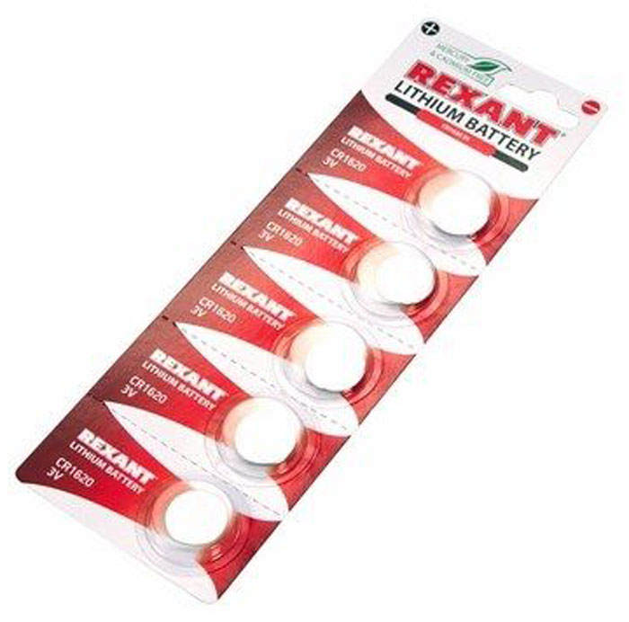Батарейка литиевая Rexant, тип CR1620, 5 шт30-1105 Батарейка литиевая Rexant, тип CR1620, 5 шт30-1105Литиевые батарейки CR1620 Rexant 5 шт в блистерной упаковке.Номинальное напряжение: 3 V. Номинальная емкость: 70 mAh. Тип батарейки: Li/MnO2.