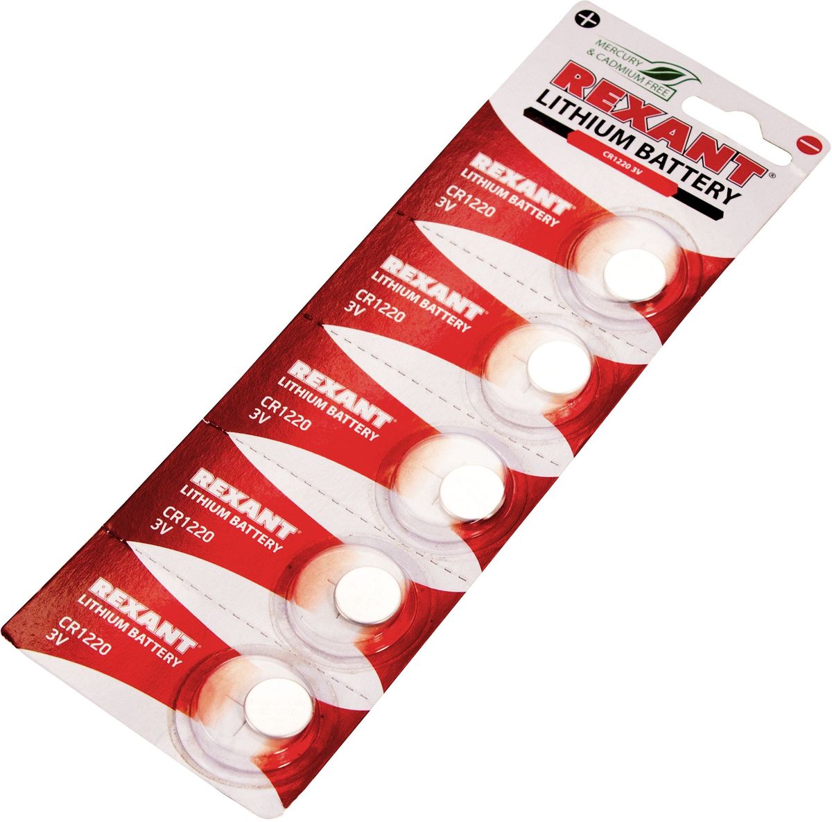 Батарейка литиевая Rexant, тип CR1220, 5 шт30-1102 Батарейка литиевая Rexant, тип CR1220, 5 шт30-1102Литиевые батарейки CR1220 Rexant 5 шт в блистерной упаковке. Номинальное напряжение: 3 V. Номинальная емкость: 40 mAh. Тип батарейки: Li/MnO2.