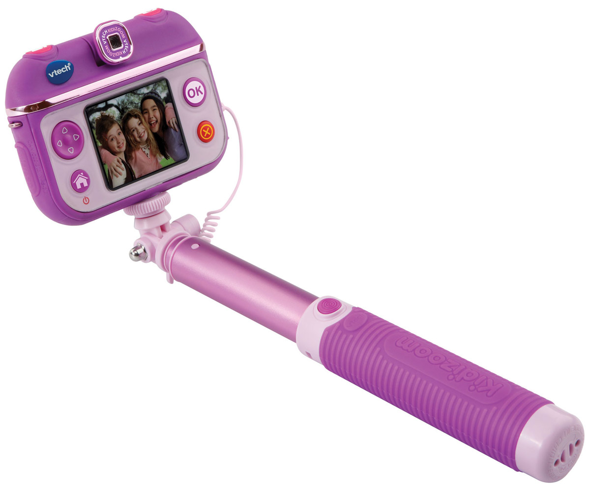 Vtech Детская селфи-камера Kidizoom Selfie Cam80-193703 Vtech Детская селфи-камера Kidizoom Selfie Cam80-193703Селфи-камера Vtech Kidizoom SelfieCam - многофункциональная и простая камера, разработанная специально для детей! С новой уникальной селфи-камерой дети смогут снимать фото и видео, обрабатывать их с помощью приложений и делиться своими снимками с друзьями. Камера с разрешением 0,3 Мп позволяет снимать красочные фото и видео. В комплекте с камерой есть также удобная селфи-палка с возможностью поворота объектива на 180 градусов. Встроенная память позволяет хранить до 600 фото и снимать 10 часов без подзарядки. Встроенное приложение Студия красоты с функциями Макияж и Парикмахерская сделает фото девочек стильными и необычными. Ну а 3 встроенных увлекательных игры не дадут ребенку скучать между съемками. Особенности камеры:Раздвижная селфи-палка (в комплекте),Поворотный объектив (на 180 градусов),Разрешение: 0.3 Мп,128 МБ встроенной памяти (на 600 фото) + слот для microSD/SDHC карт до 32 ГБ,Запись видео до 2.5 часов без подзарядки, в обычном режиме - 10 часов без подзарядки,Приложение Студия красоты (две функции: Парикмахерская и Макияж),3 игры,Музыкальное слайд-шоу,Возможность подключения к ПК (кабель Micro-USB входит в комплект),Цветной дисплей (1.41 дюйма),Возможность применять забавные эффекты к фотографиям и видеороликам,Встроенный Li-ion аккумулятор.Продается в стильной коробке и идеально подходит в качестве подарка.Компания Vtech - лидирующий поставщик электронных обучающих игрушек для детей. Цифровые игрушки и товары для детей Vtech позволяют детям развивать свои творческие навыки, креативность, способность изучать окружающий мир, учиться читать и считать.