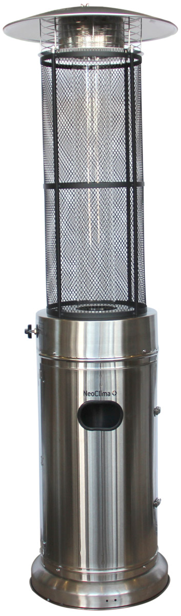 Neoclima 07HW-B уличный газовый инфракрасный обогреватель07HW-B Neoclima 07HW-B уличный газовый инфракрасный обогреватель07HW-BУличный обогреватель Neoclima 07HW-B предназначен для обогрева открытого пространства, такого как беседки, террасы, кафе. Такой обогреватель позволит провести праздник или мероприятие на открытом воздухе в любую погоду. Сам обогреватель имеет стильный дизайн и цилиндрическую форму в стальном цвете. Он станет не только прибором для обогрева, но стильным предметом интерьера. Работает обогреватель на сжиженном газе от стандартного газового баллона. Газовый баллон объемом до 27 л устанавливается внутрь самого обогревателя и скрыт от посторонних глаз. Как и большинство современных обогревателей, принцип работы данной модели заключается в излучении инфракрасного тепла, которое является одним самых эффективных способов обогрева, так как нагревает не воздух, а окружающие предметы, людей, надолго сохраняя комфортную температуру.Живое пламя до 1,5 мПьезорозжигТермопара для контроля наличия пламениРедуктор давления и шланг в комплектеТип газа: пропан-бутанРасход газа: 800 г/чМатериал корпуса: нержавеющая стальДиаметр отражателя: 53,7 смДиаметр обогрева: до 5 м
