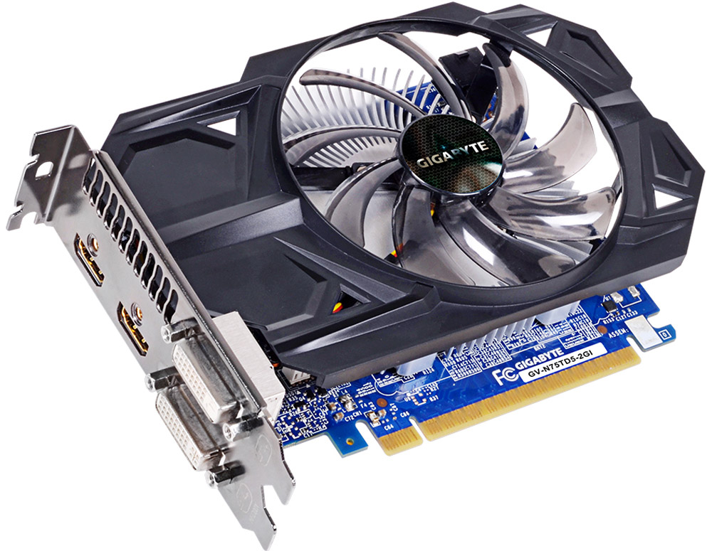 Gigabyte GeForce GTX 750 Ti 2GB видеокартаGV-N75TD5-2GI Gigabyte GeForce GTX 750 Ti 2GB видеокартаGV-N75TD5-2GIВидеокарта Gigabyte PCI-E GV-N75TD5-2GI NV GTX750Ti 2048Mb 128b GDDR5 1020/5400 DVIx2/HDMIx2/HDCP Re