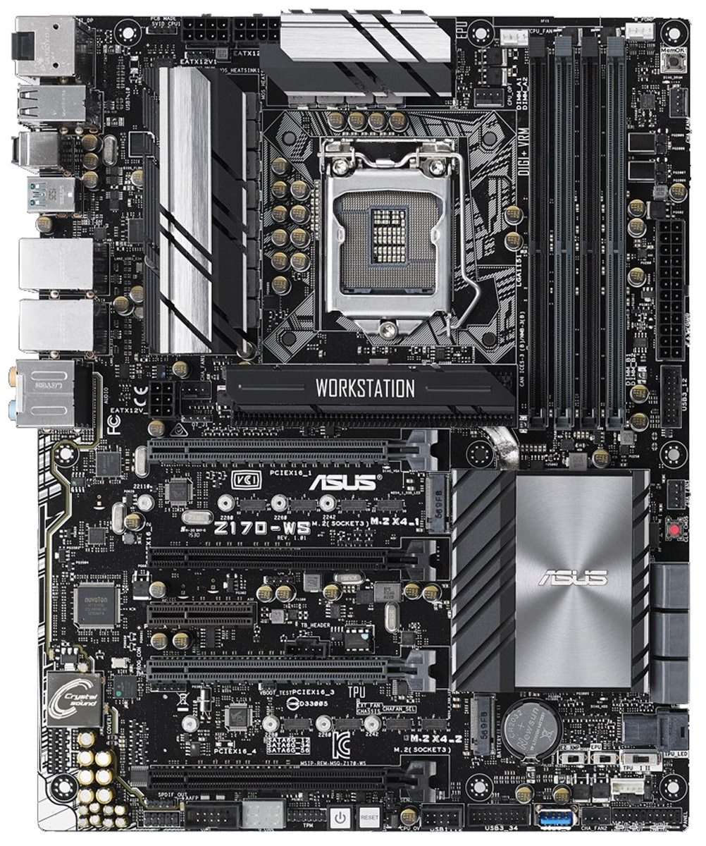 ASUS Z170-WS материнская платаZ170-WS ASUS Z170-WS материнская платаZ170-WSMB ASUS Z170 s1151 (Core™ i3/i5/i7,Celeron Processors), VGA(HDMI+DP), 4xDDR4(64Gb), 4xPCIe 3.0 x16, 1xPCIe 3.0 x4, 8xAudio Realtek® ALC1150, 2xGBL, 1xU.2, 6xSATA 6Gb/s, 2xM.2x4 Socket 3, Raid 0, 1, 5, 10, 2xUSB 3.1, 9xUSB 3.0, 4xUSB 2.0, ATX