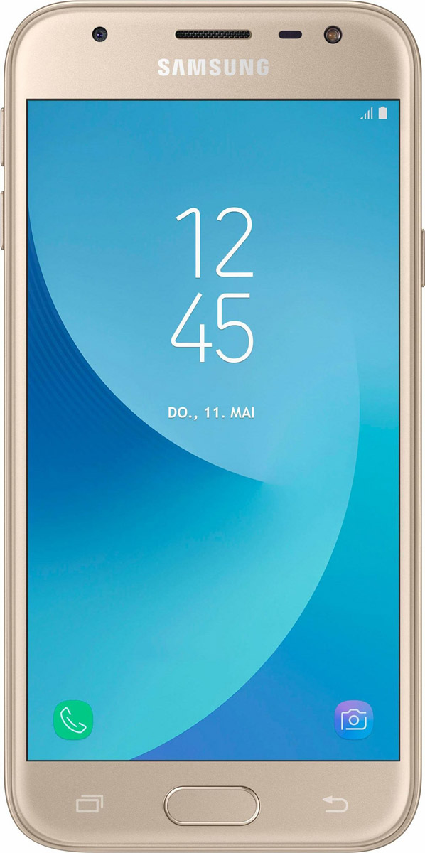 Samsung Galaxy J3 (2017) SM-J330F, GoldSM-J330FZDDSER Samsung Galaxy J3 (2017) SM-J330F, GoldSM-J330FZDDSERСмартфон Samsung Galaxy J3 (2017) SM-J330F получил приятный как на вид, так и на ощупь металлический корпус. Сверху и снизу задней панели присутствуют пластиковые вставки под антенны.По центу расположился объектив основной 13-мегапиксельной камеры с диафрагмой f/1.8. Светодиодная вспышка присутствуют как на передней панели, так и задней. Фронтальная камера получила 5-мегапиксельный сенсор с диафрагмой f/2.2.Смартфон работает на процессоре Samsung Exynos 7570. Это четырехъядерное решение, работающее на тактовой частоте 1.4 ГГц. В тандеме с ним функционируют модуль оперативной памяти на 2 ГБ и модуль постоянной на 16 ГБ. За обработку графики отвечает видеоускоритель Mali T720.В устройство встроен LTE-модуль Cat.4, обеспечивающий высокую скорость беспроводной передачи данных (150 Мбит/с). Смартфон оборудован Wi-Fi 802.11n, Bluetooth 4.2, GPS и ГЛОНАСС.Телефон сертифицирован EAC и имеет русифицированный интерфейс меню и Руководство пользователя.