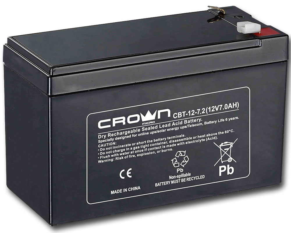 Crown CBT-12-7.2 аккумулятор для ИБПCM000001677 Crown CBT-12-7.2 аккумулятор для ИБПCM000001677Crown CBT-12-7.2 - надежный аккумулятор для ИБП (источники бесперебойного питания), а также других устройств, где необходим источник тока.Свинцово-кислотные аккумуляторы разработаны и оптимизированы для источников и систем бесперебойного питания, и для работы в буферном режиме. Предусмотрена полностью герметичная конструкция, и клапан внутренней рекомбинации газов, что делает аккумуляторы нетоксичными, и безопасными для работы в офисе идома.Высокотехнологичный дизайн свинцово-оловянной сетки ячеек для увеличения ёмкостиДлительный срок службы при постоянном разряде-заряде или храненииНизкий саморазрядТип клемм: F2Максимальный ток разряда: 105А (5с)Ток заряда: не более 2.1АНапряжение: 14.4 В - 15.0 В при температуре 25°C