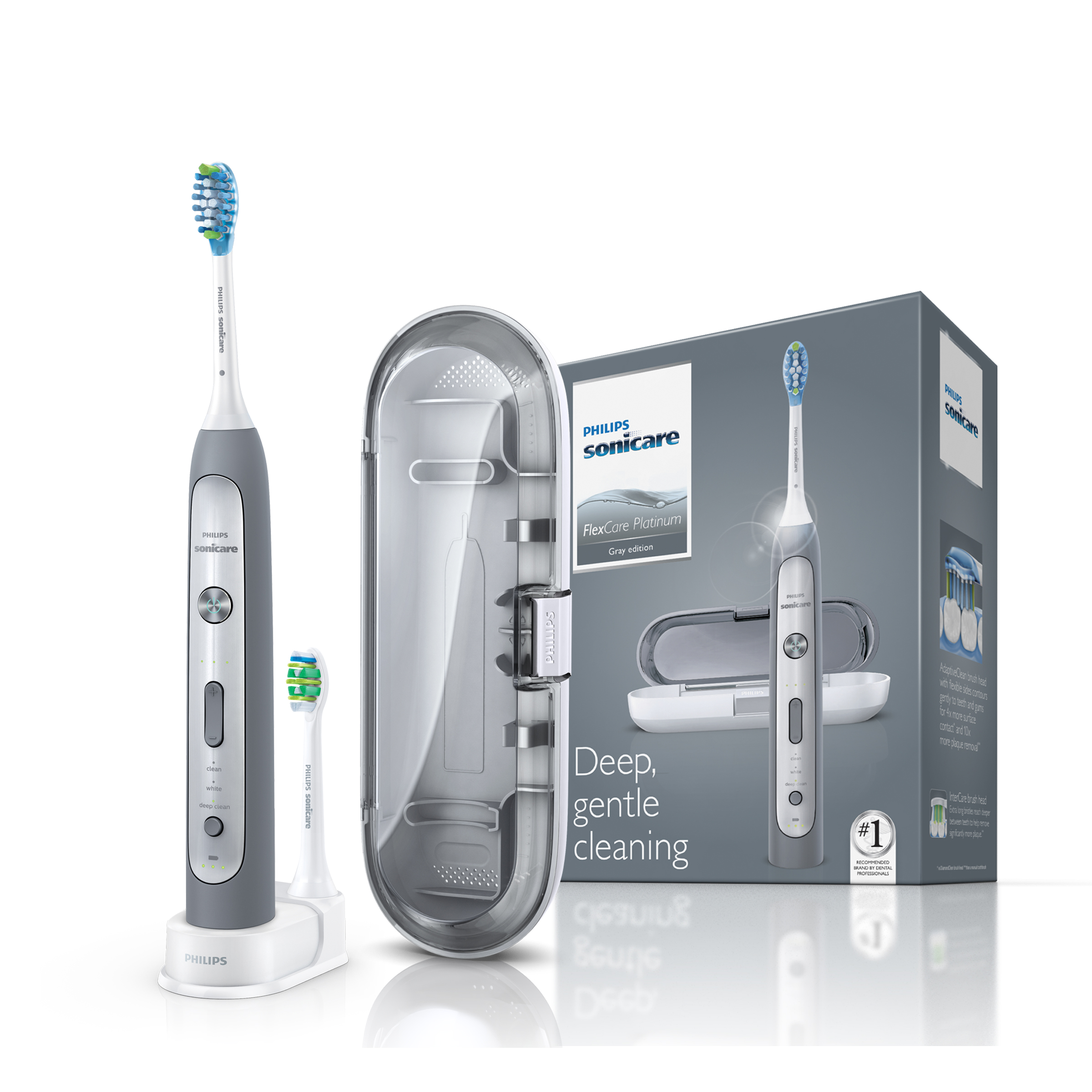 Philips FlexCare Platinum HX9112/12 звуковая зубная щеткаHX9112/12 Philips FlexCare Platinum HX9112/12 звуковая зубная щеткаHX9112/12№1 бренд звуковых зубных щеток рекомендуемый стоматологами всего мира. На основании опроса более 4500 зубных врачей, Приоритиз Ресерч, 2012. Более 20лет клинических исследований Sonicare.Ирригационный эффект технологии Sonicare способствует более качественному удалению зубного налета из труднодоступных участков полости рта и вдоль линии десен. До 10 раз более эффективное удаление налета, улучшает состояние десен за 2 недели по сравнению с обычной зубной щеткой*.9 настраиваемых режимов: режимы чистка, отбеливание, глубокая чистка с возможностью выбора одного из 3 уровней интенсивности: низкий, средний, высокий. В комплекте 2 насадки: 1 насадка AdaptiveClean (жесткость средняя), 1 насадка InterCare (комбинация средней и мягкой жесткости), дорожный футляр. AdaptiveClean — насадка для электрической зубной щетки, повторяющая уникальную форму ваших зубов и десен. Благодаря мягким и гибким ребрам, выполненным из резины, эта насадка повторяет любые контуры. Она охватывает до 4 раз более широкую поверхность и удаляет до 10 раз больше налета вдоль линии десен и в межзубных промежутках. Во время перемещения вдоль десен насадка поглощает избыточное давление, гарантируя бережный уход за деснами при каждой чистке.Щетка FlexCare Platinum снабжена двумя таймерами, позволяющими повысить эффективность чистки зубов. Таймер Quadpacer подсказывает, когда нужно перейти к следующему участку полости рта, а таймер Smartimer помогает соблюдать рекомендацию стоматологов и чистить зубы две минуты.Подходит для использования при наличии пломб, коронок, брекетов и других ортодонтических конструкций. *Milleman J, Milleman K, Argosino K, Mwatha A, Ward M, Souza S, Jenkins W., 2014.